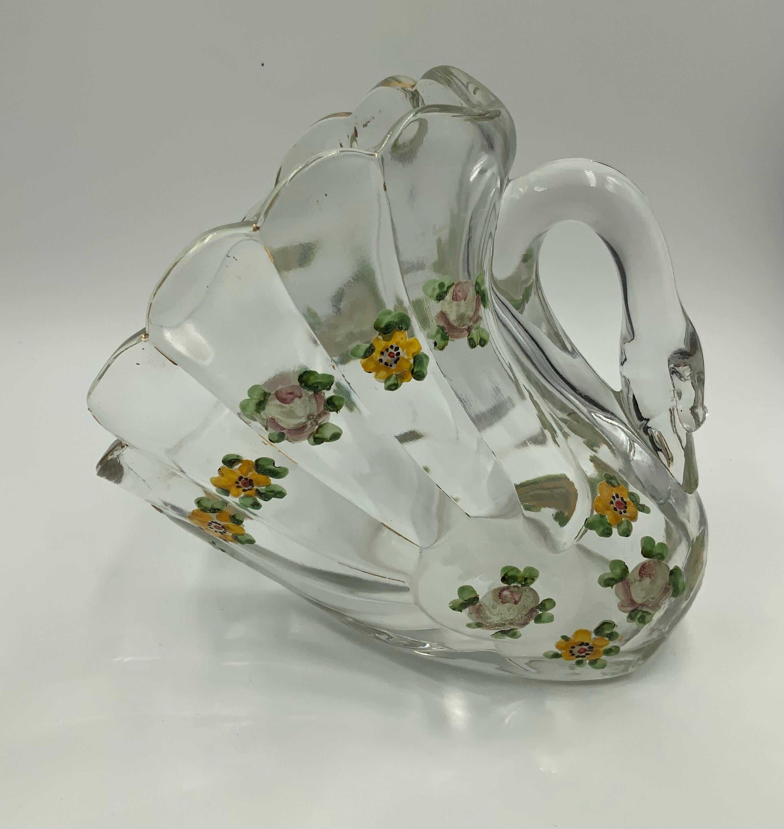 Pair of Hand Painted Swan Depression Glass Vases Planters Bread Serving Baskets For Sale 12