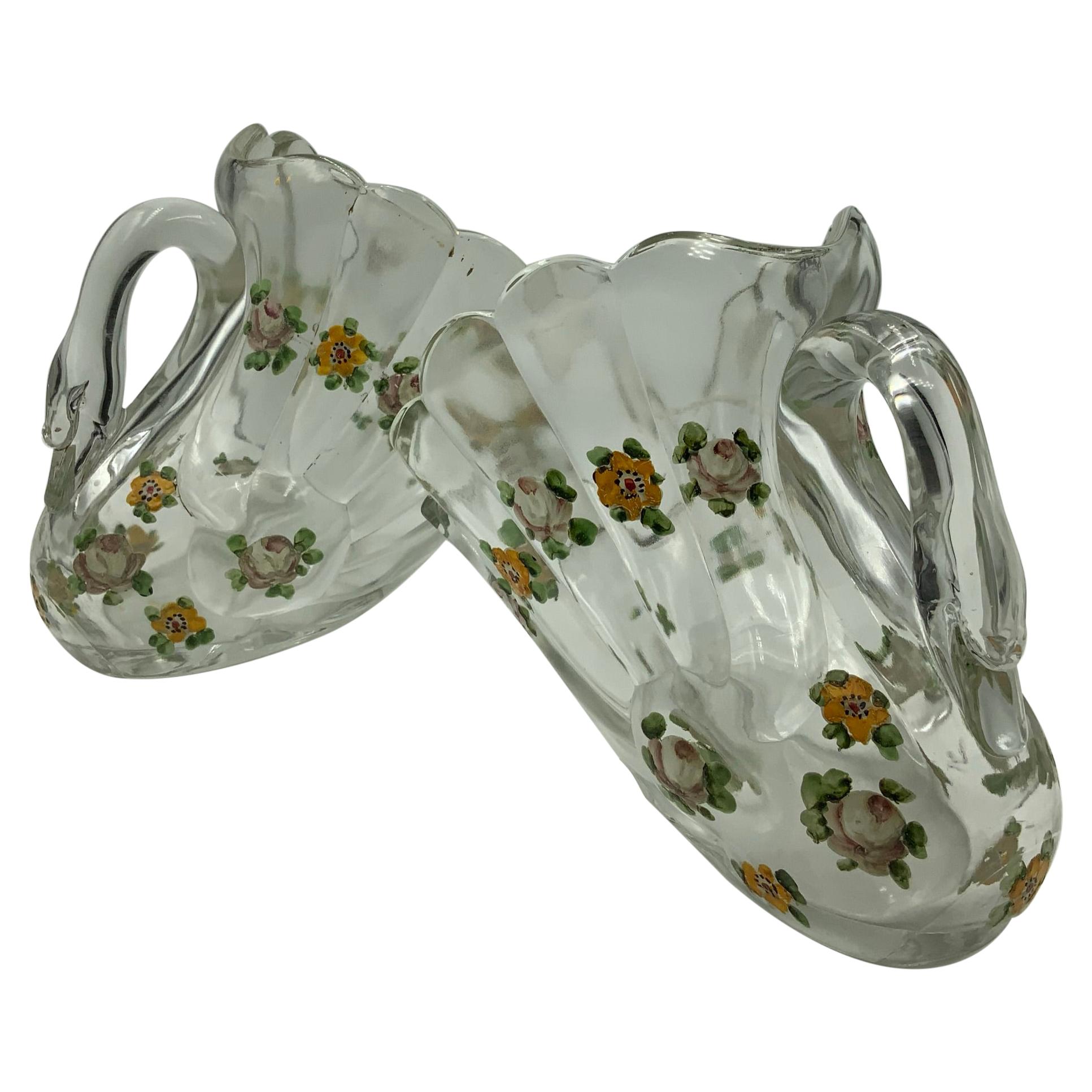 Pair of Hand Painted Swan Depression Glass Vases Planters Bread Serving Baskets For Sale