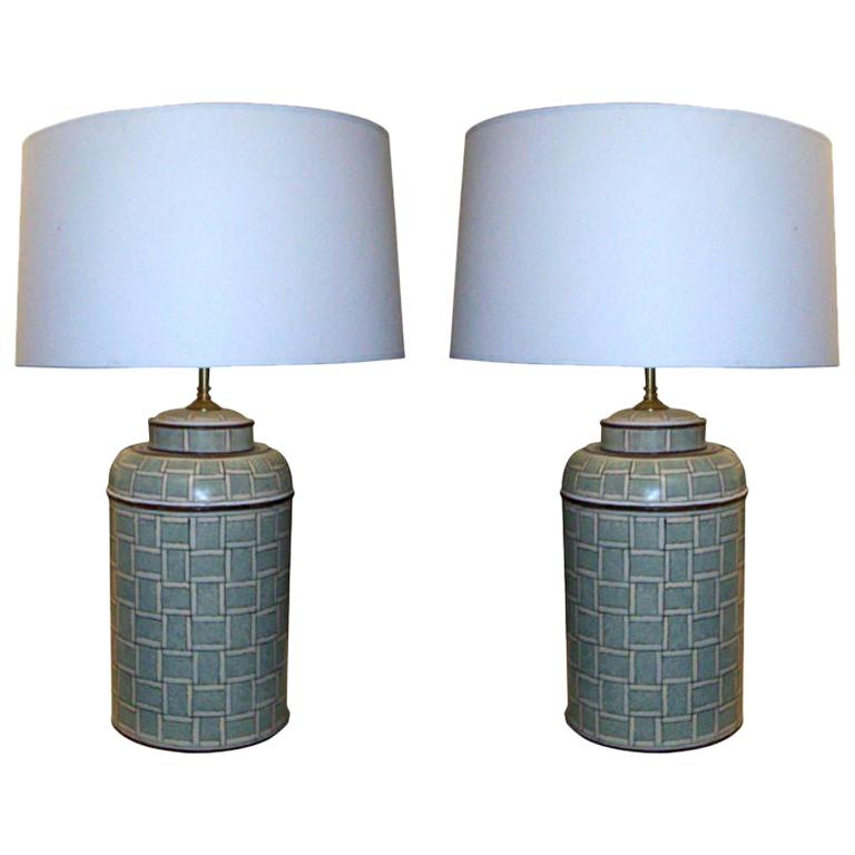 Pair of Custom Hand Painted Tole Canister Table Lamps