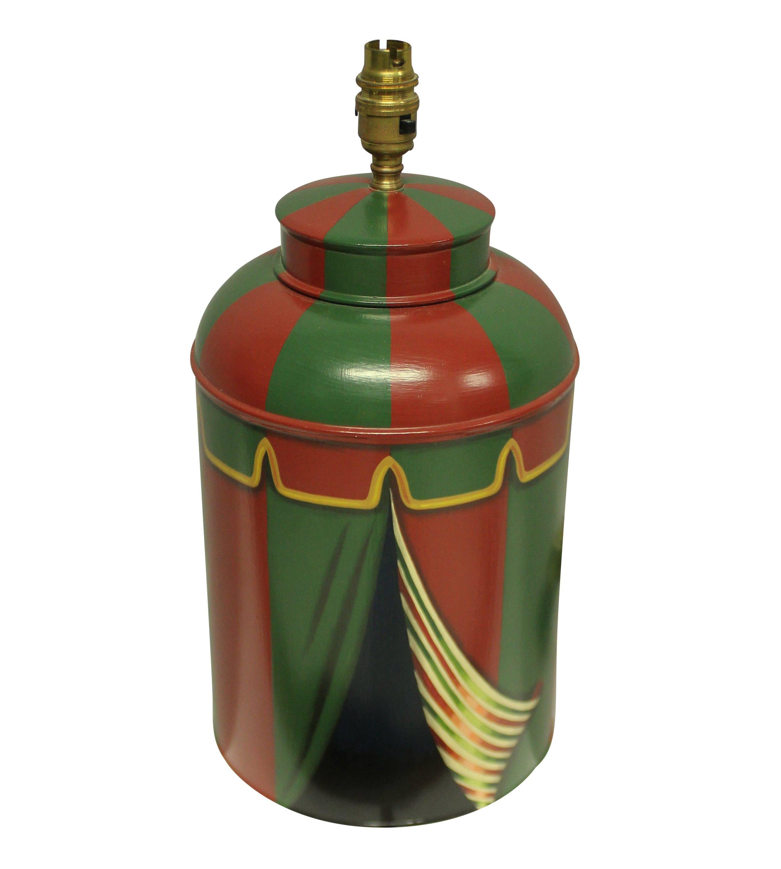 A pair of colorful English hand painted toleware lamps.