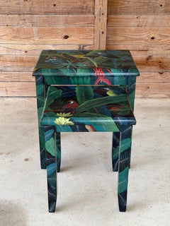 Pair of Hand-Painted Tropical Parrot and Jungle Nesting Tables