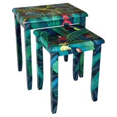 Pair of Hand-Painted Tropical Parrot and Jungle Nesting Tables
