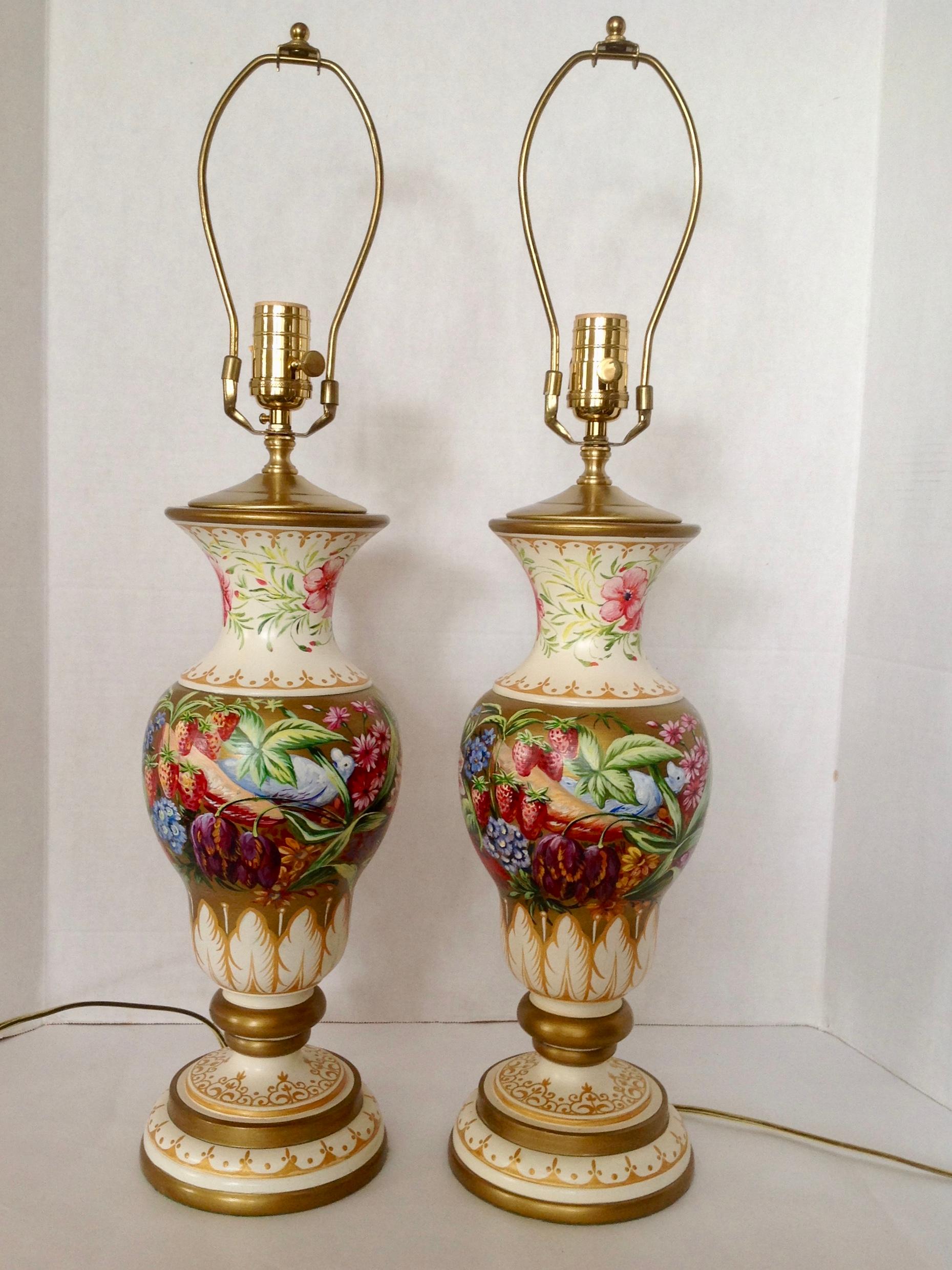 Beautiful style and an exceptional profusion hand painted fruits and florals appoint these fine Italian lamps.
Rich gold and colorful embellishments.
Measured 21