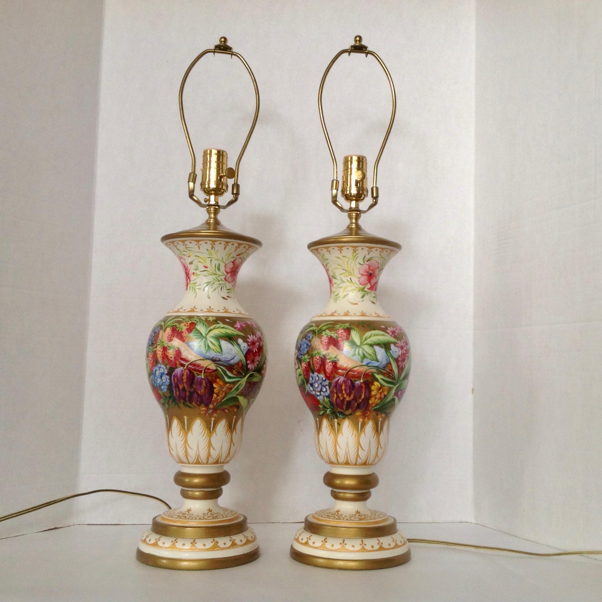 Hand-Painted Pair of Hand Painted Urns Mounted as Table Lamps For Sale