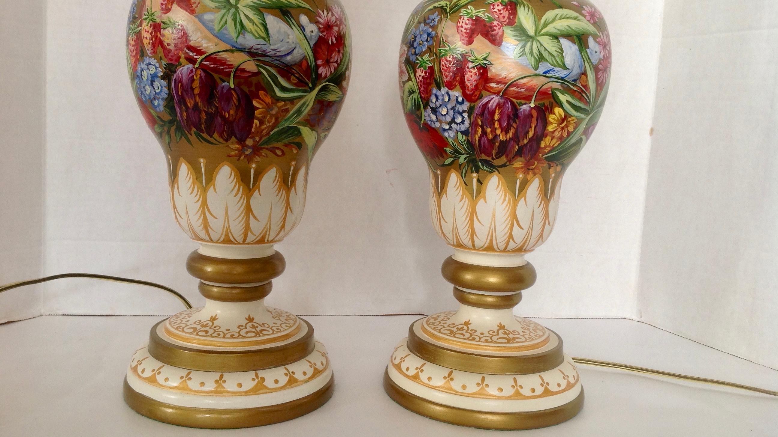 20th Century Pair of Hand Painted Urns Mounted as Table Lamps For Sale