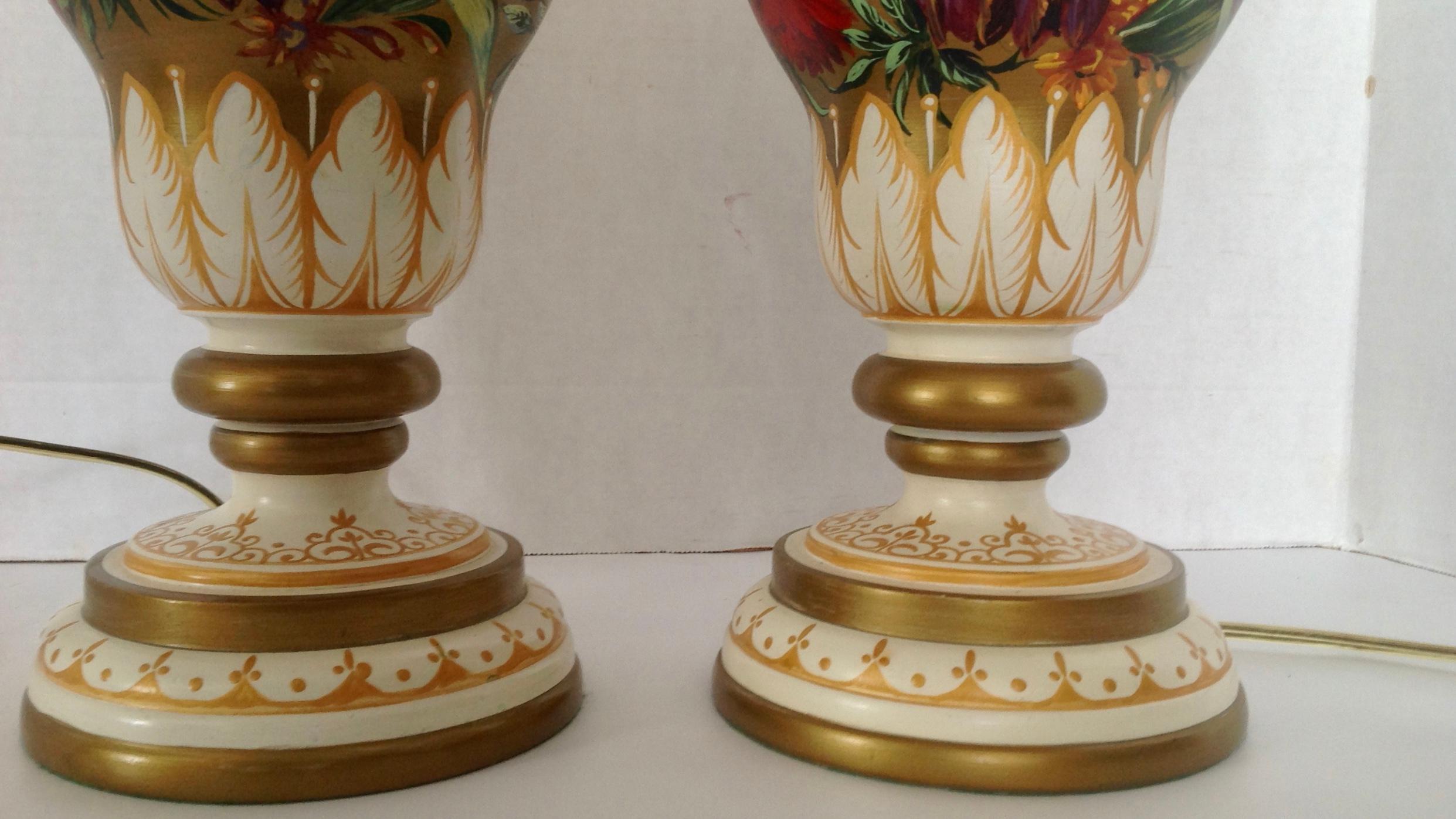 Wood Pair of Hand Painted Urns Mounted as Table Lamps For Sale