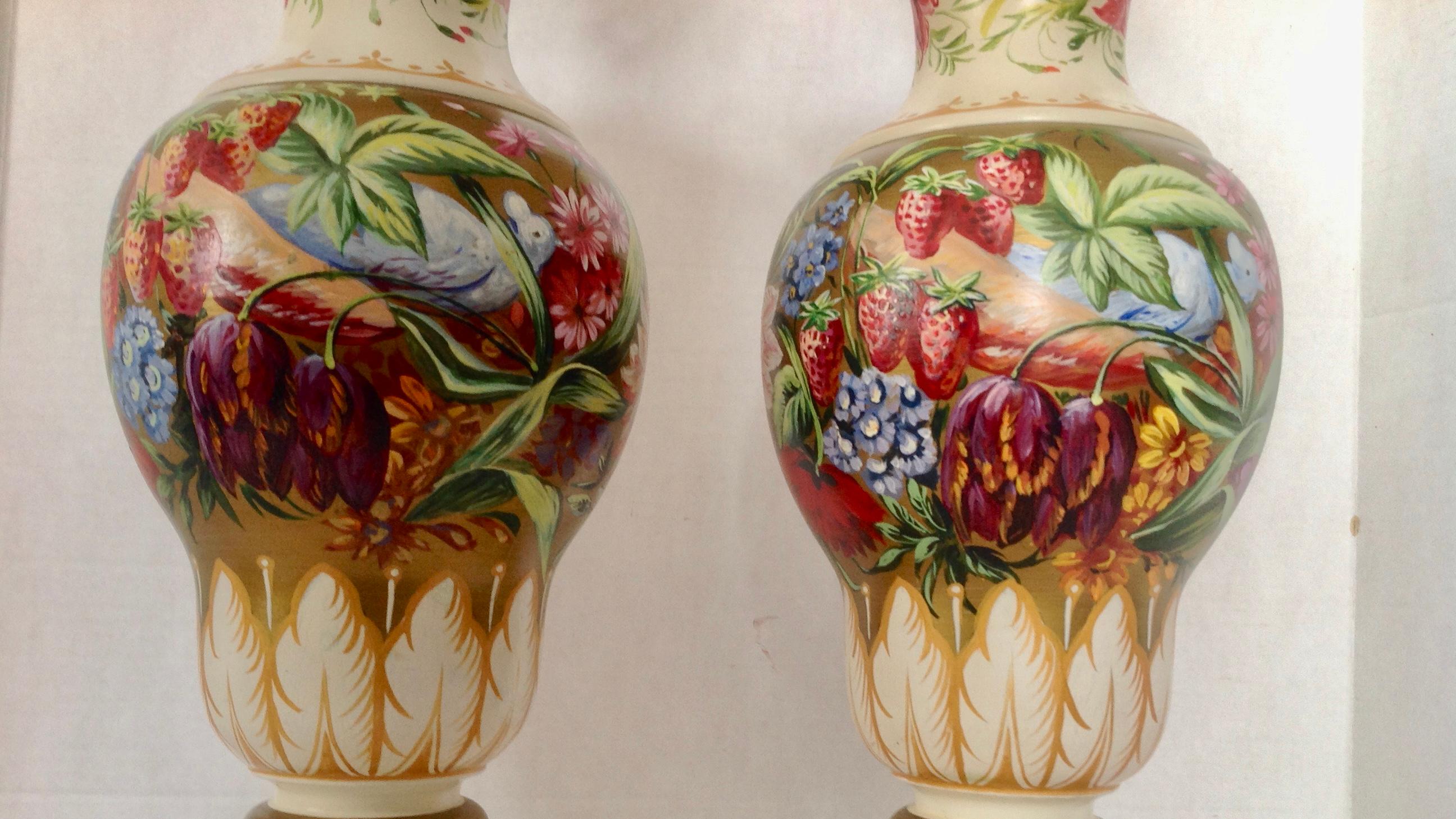 Pair of Hand Painted Urns Mounted as Table Lamps For Sale 1