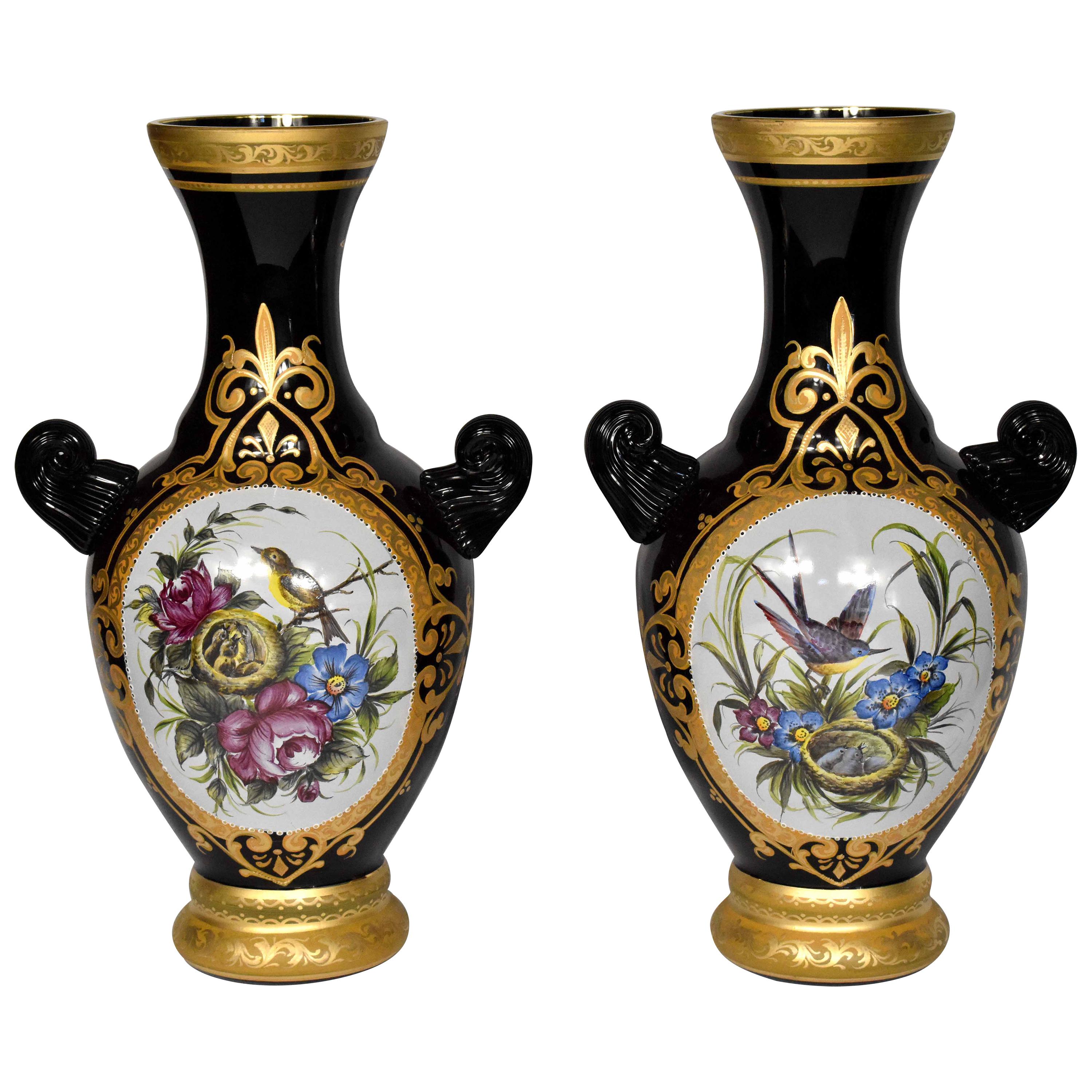 Pair of Hand, Painted Vases, 19th Century Style Bohemian Glass