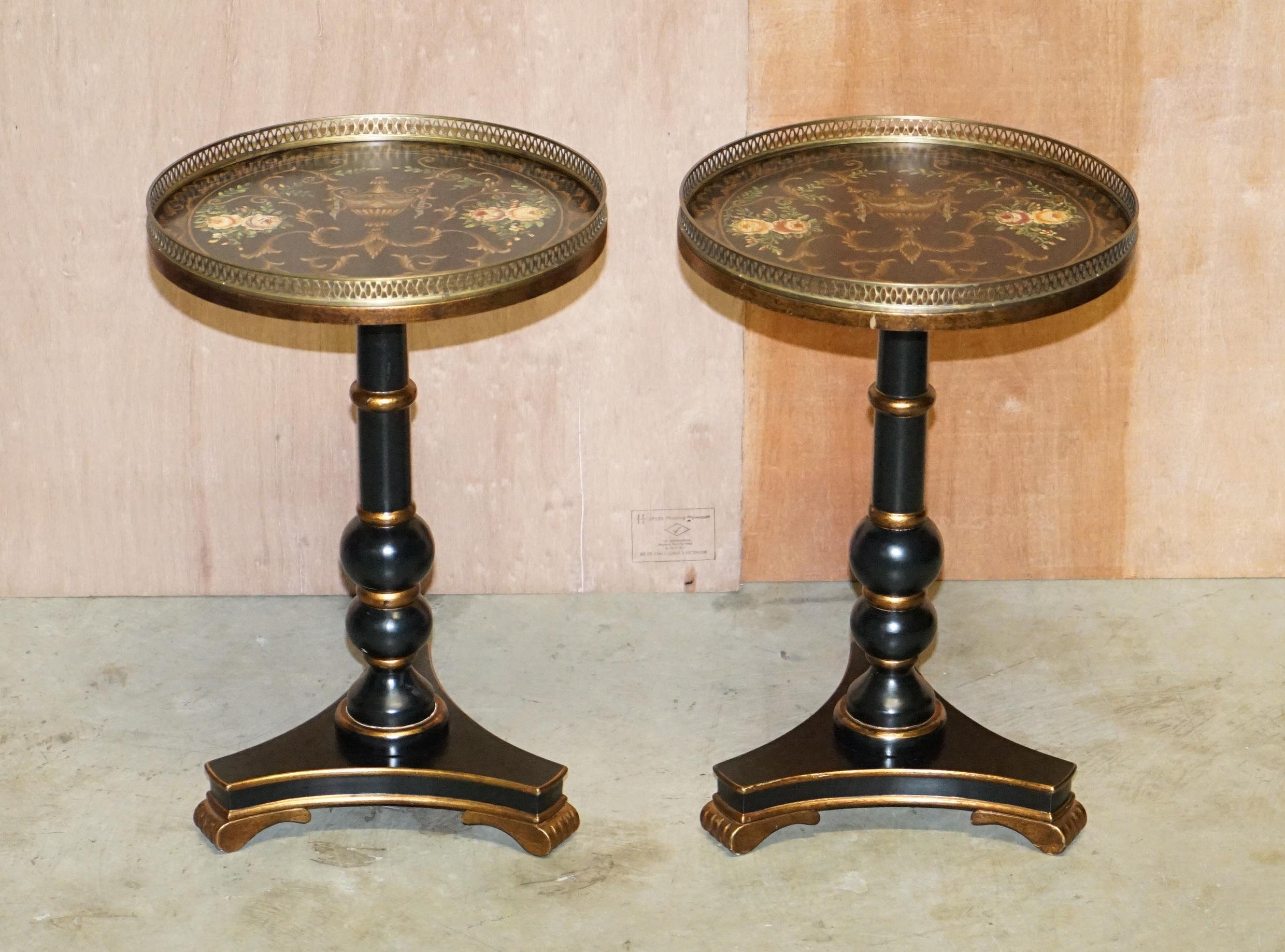 We are delighted to offer for sale this stunning pair of hand painted tilt top side tables with brass gallery rails

A very good looking and decorative pair of side tables, they have brass gallery rails which were popularised in the Regency era,