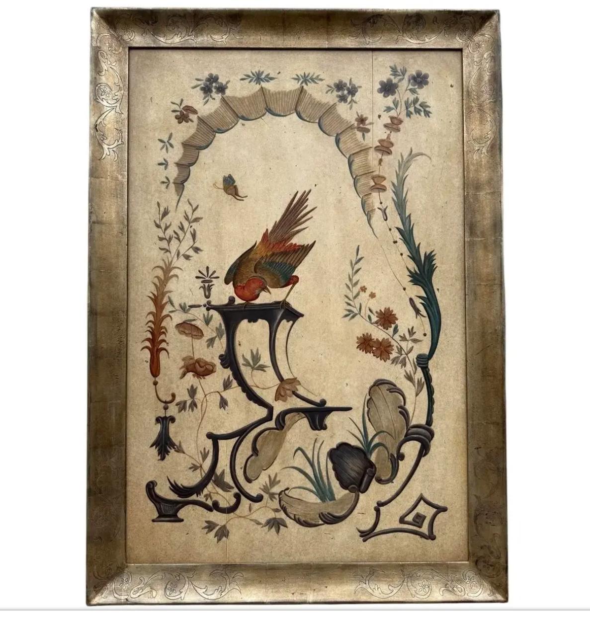 American Pair of Hand Painted Wood Chinoiserie Panels in White Gold Giltwood Frames For Sale
