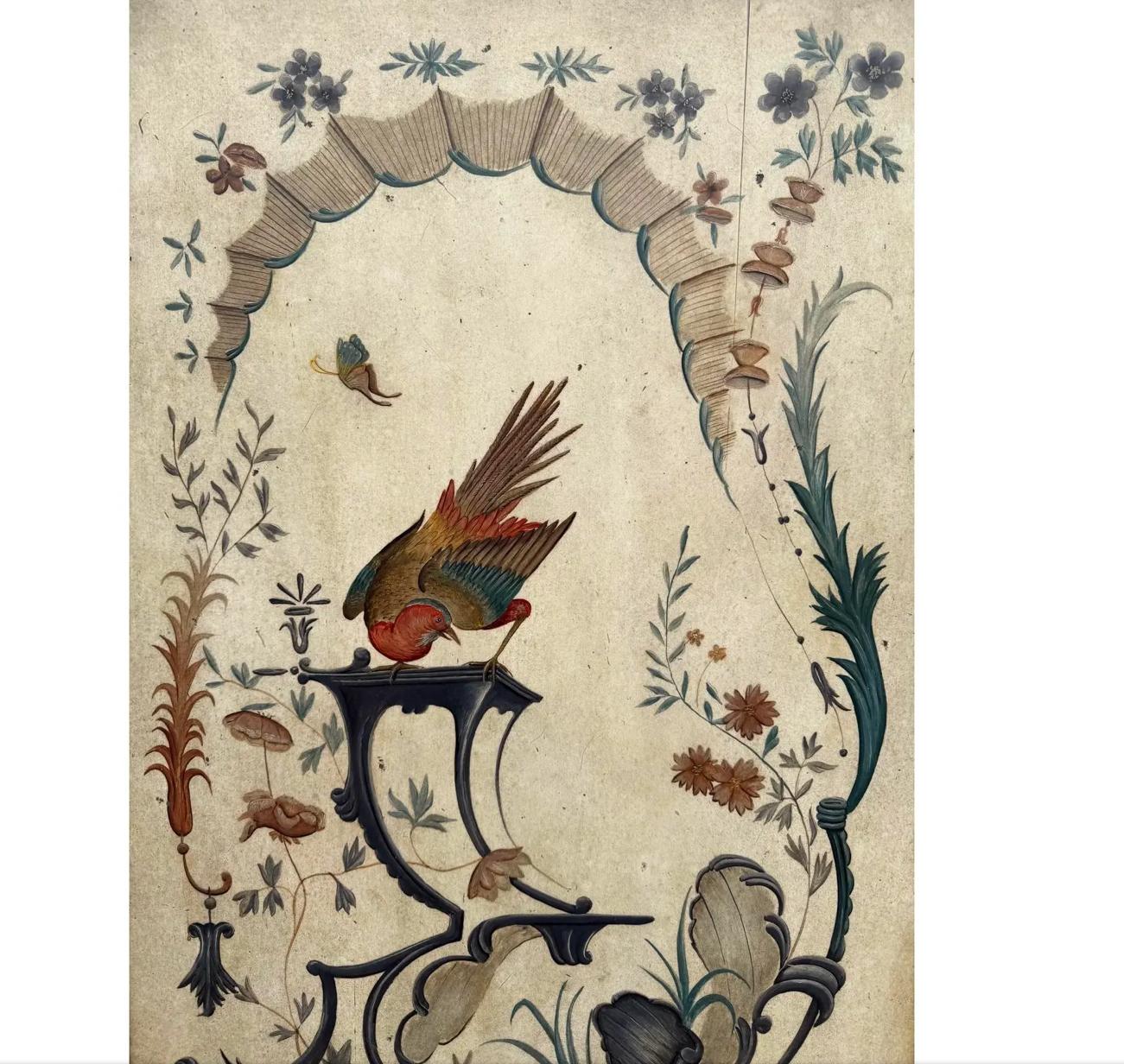 Late 20th Century Pair of Hand Painted Wood Chinoiserie Panels in White Gold Giltwood Frames For Sale