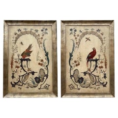 Pair of Hand Painted Wood Chinoiserie Panels in White Gold Giltwood Frames