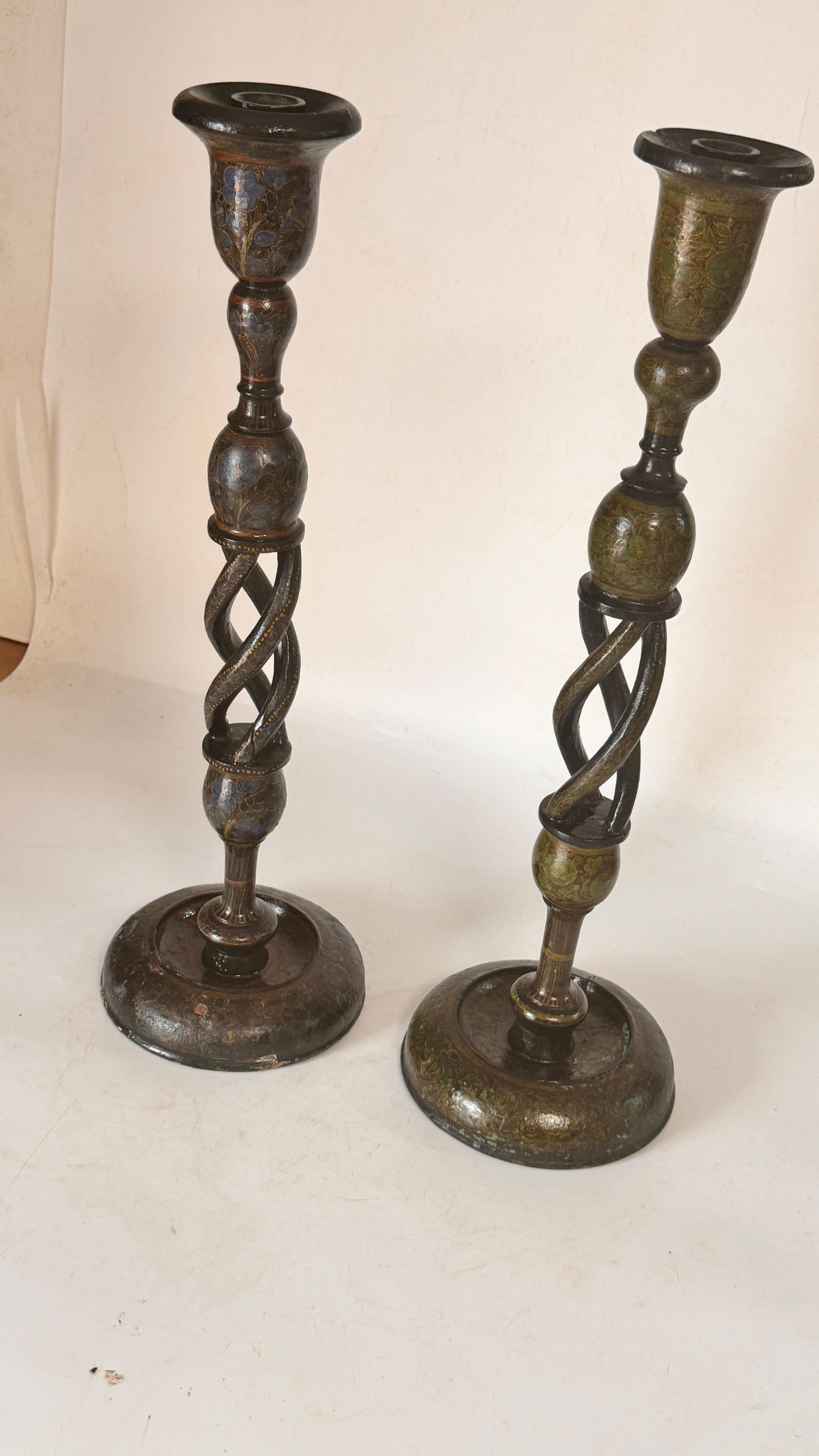 Français Pair of Hand-Painted Wooden Candlesticks — France, 1970s en vente