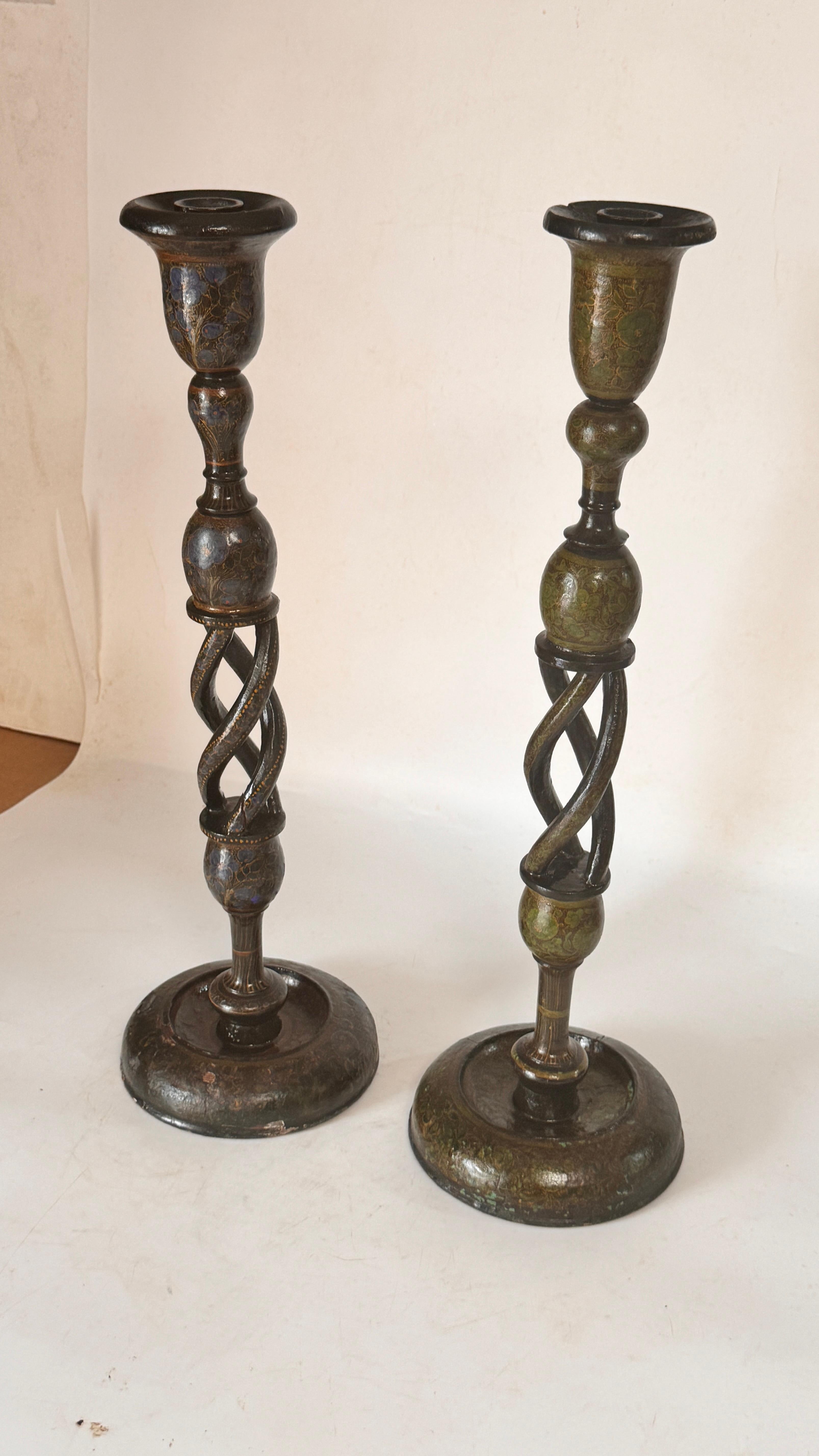 Peint à la main Pair of Hand-Painted Wooden Candlesticks — France, 1970s en vente