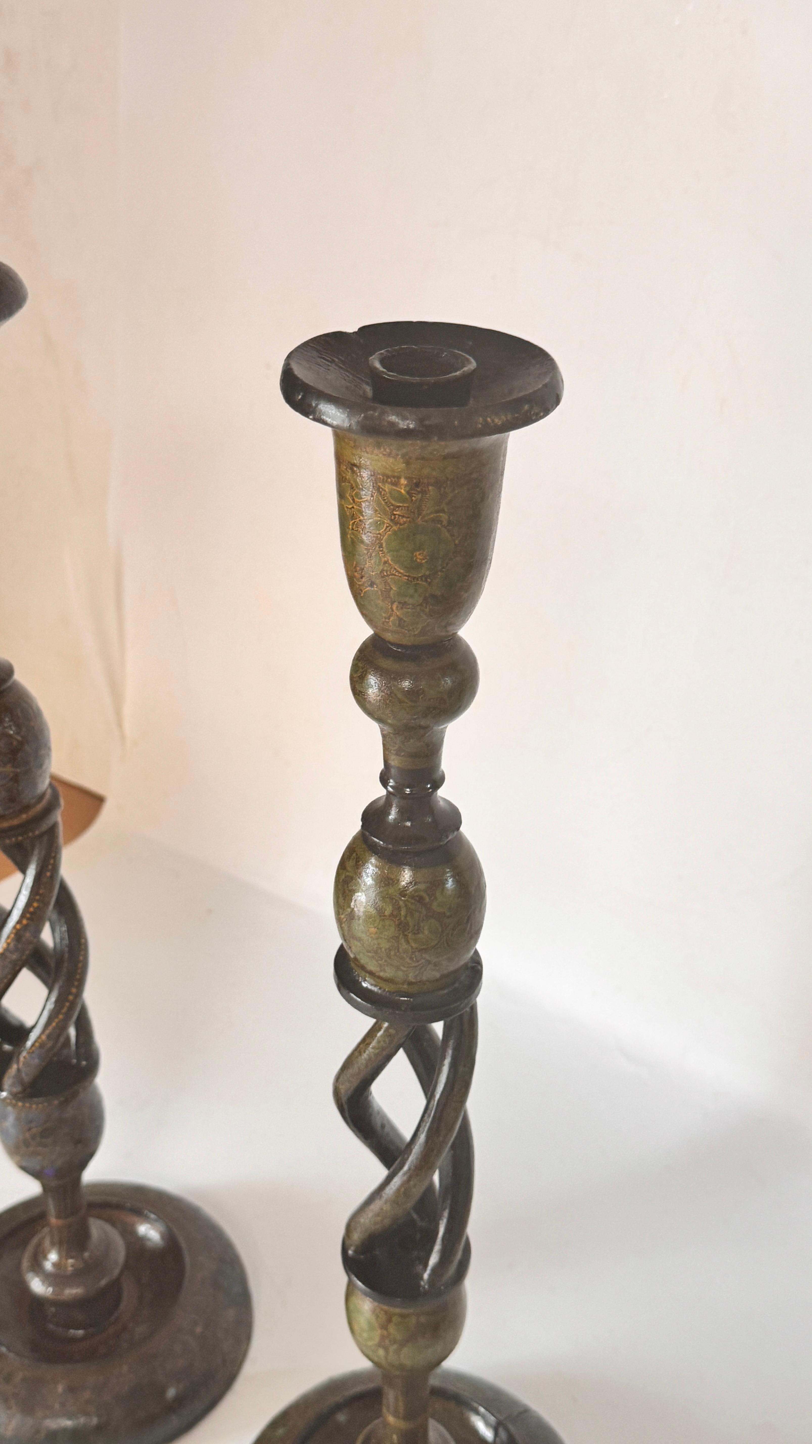 Fin du 20e siècle Pair of Hand-Painted Wooden Candlesticks — France, 1970s en vente