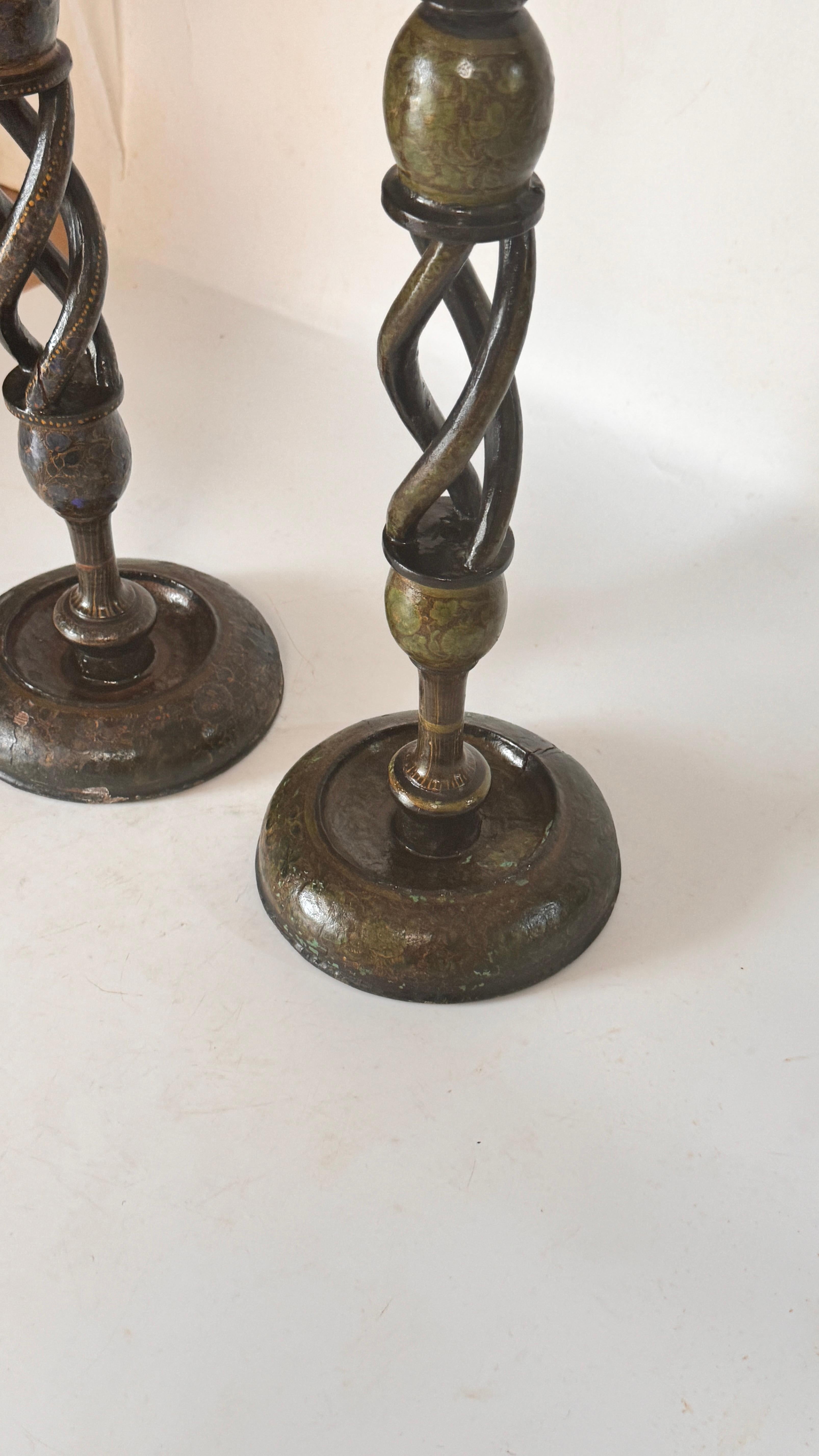 Bois Pair of Hand-Painted Wooden Candlesticks — France, 1970s en vente