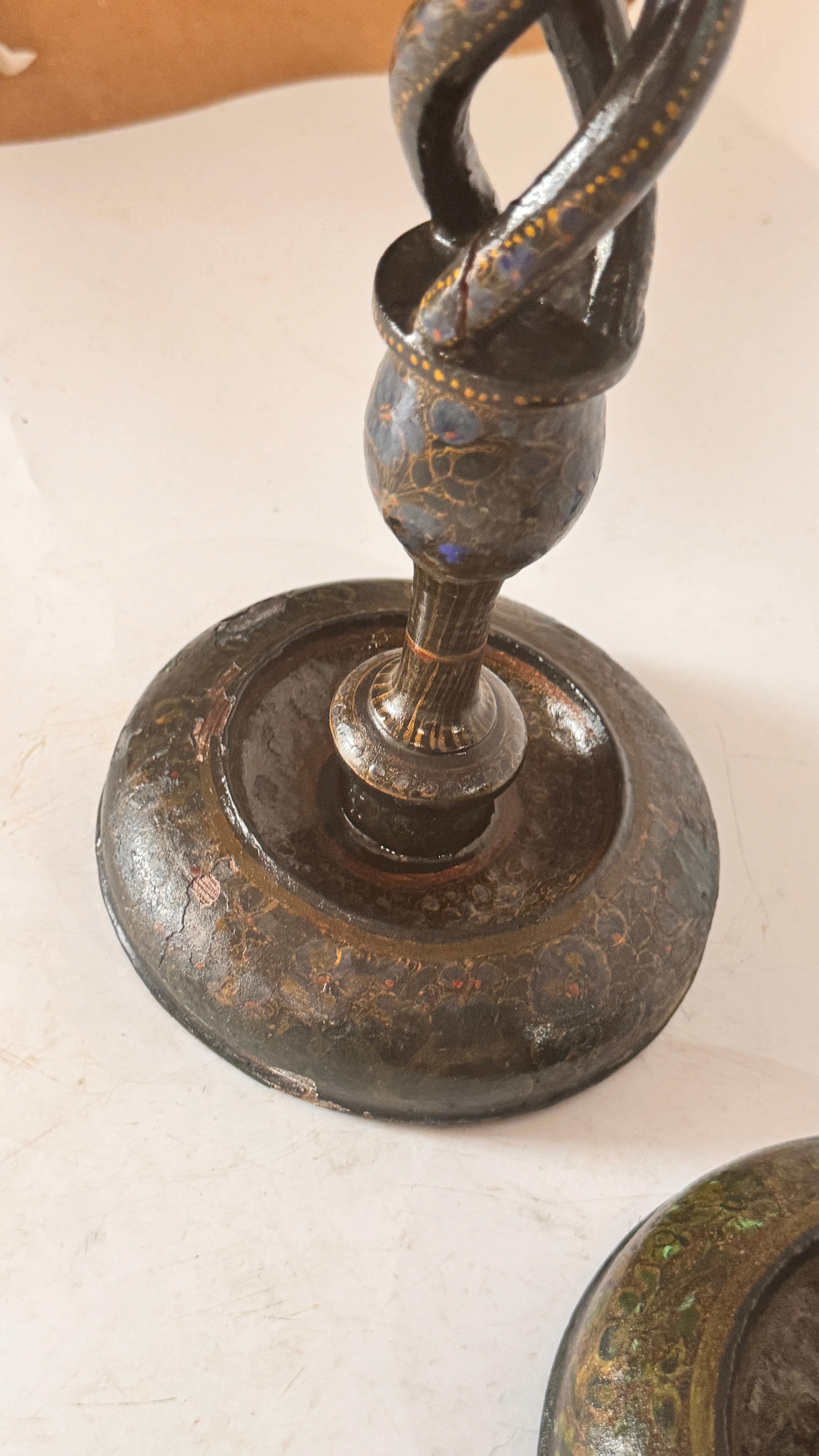 Pair of Hand-Painted Wooden Candlesticks — France, 1970s en vente 2