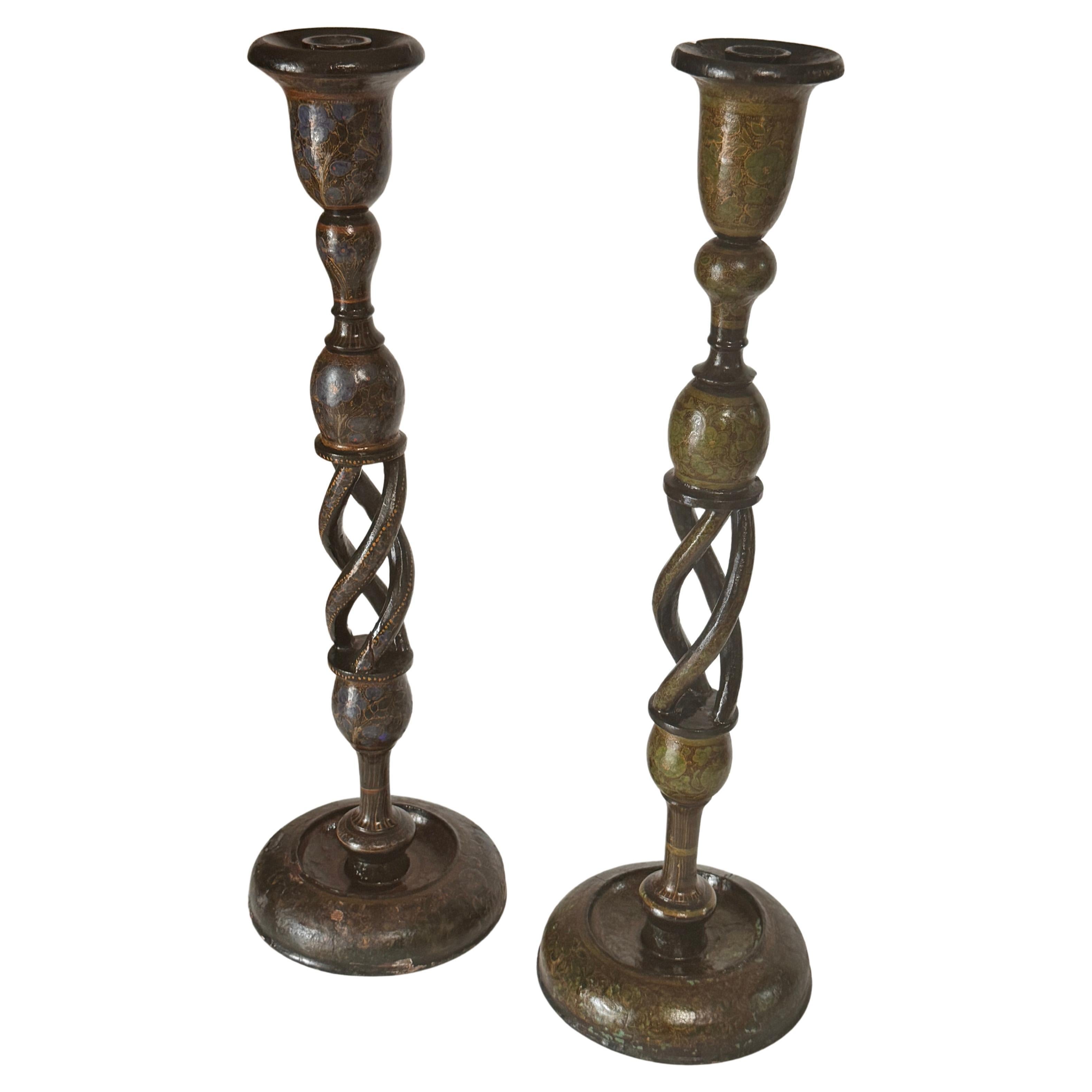 Pair of Hand-Painted Wooden Candlesticks — France, 1970s