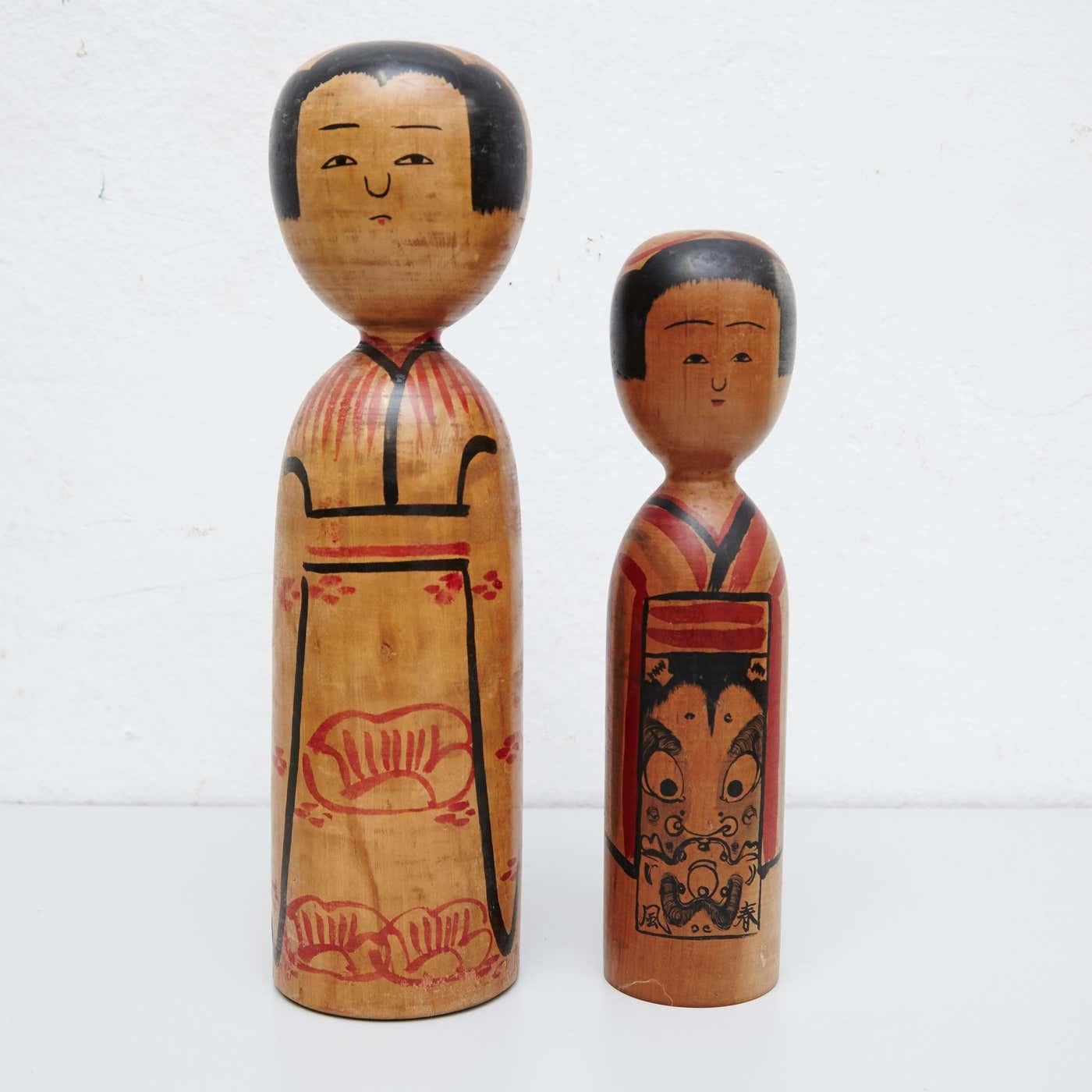 Pair of Hand Painted Wooden Kokeshi Dolls, circa 1940 For Sale 5
