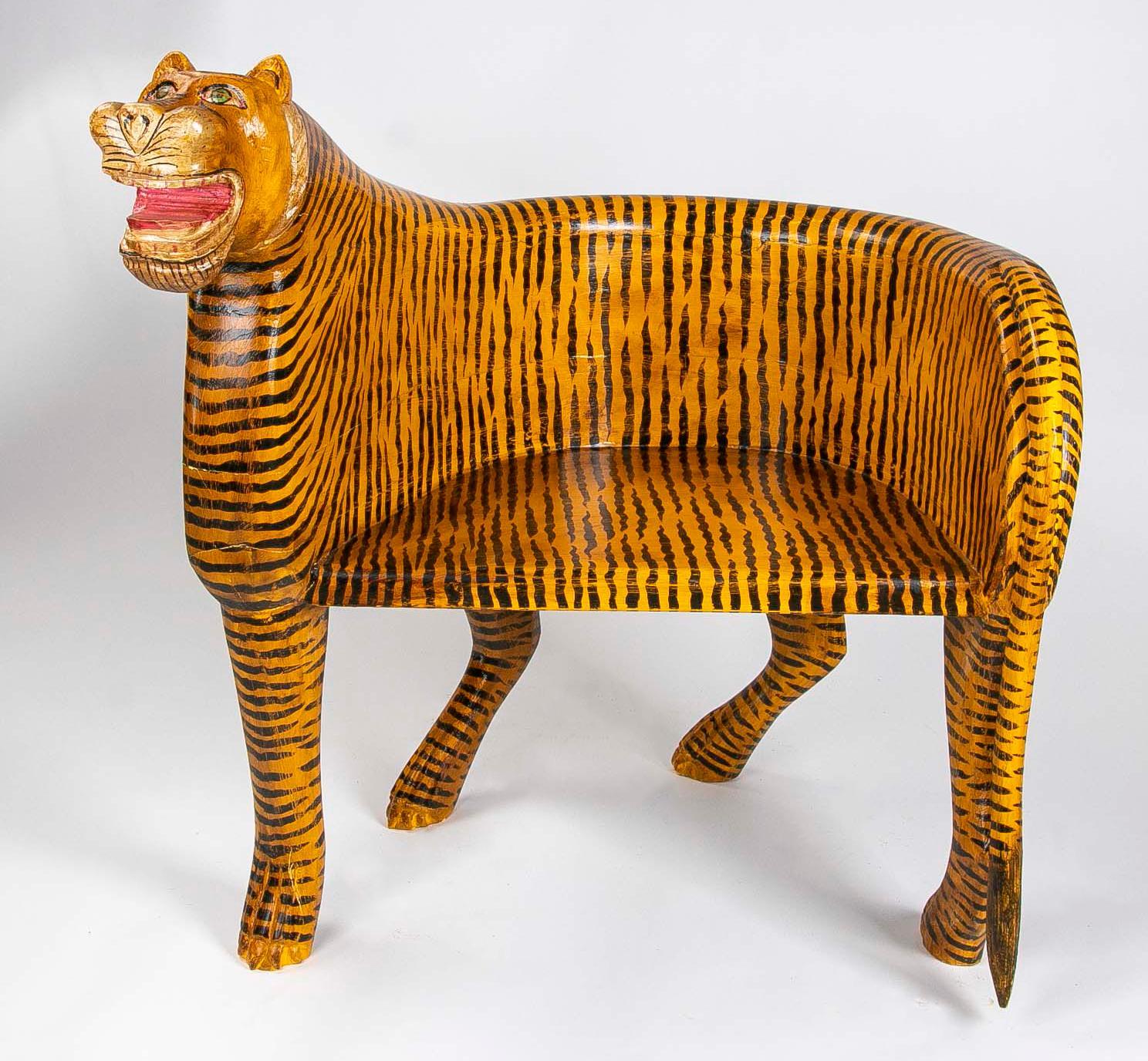European Pair of Hand-Painted Wooden Tiger Armchairs