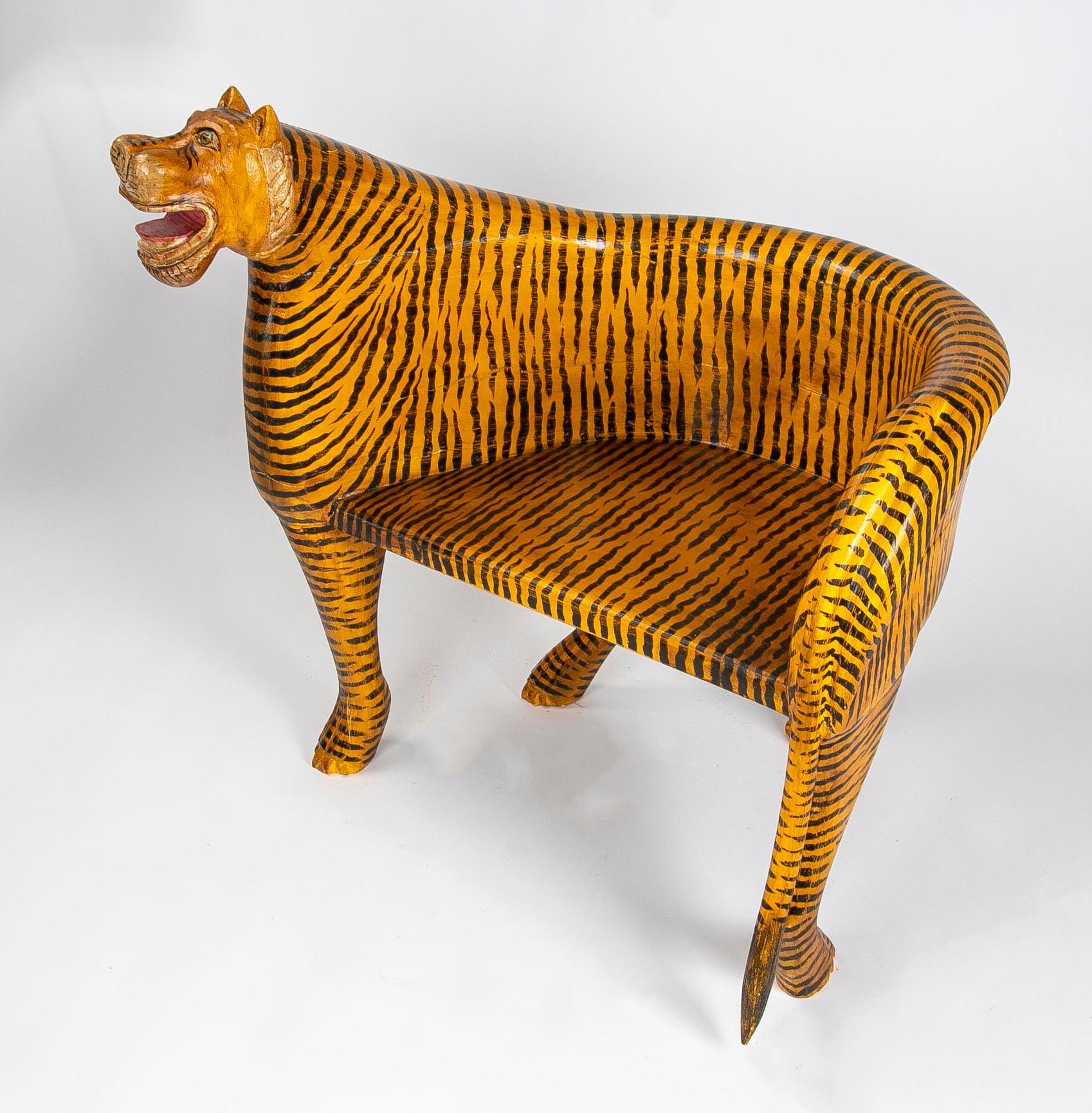 Hand-Carved Pair of Hand-Painted Wooden Tiger Armchairs