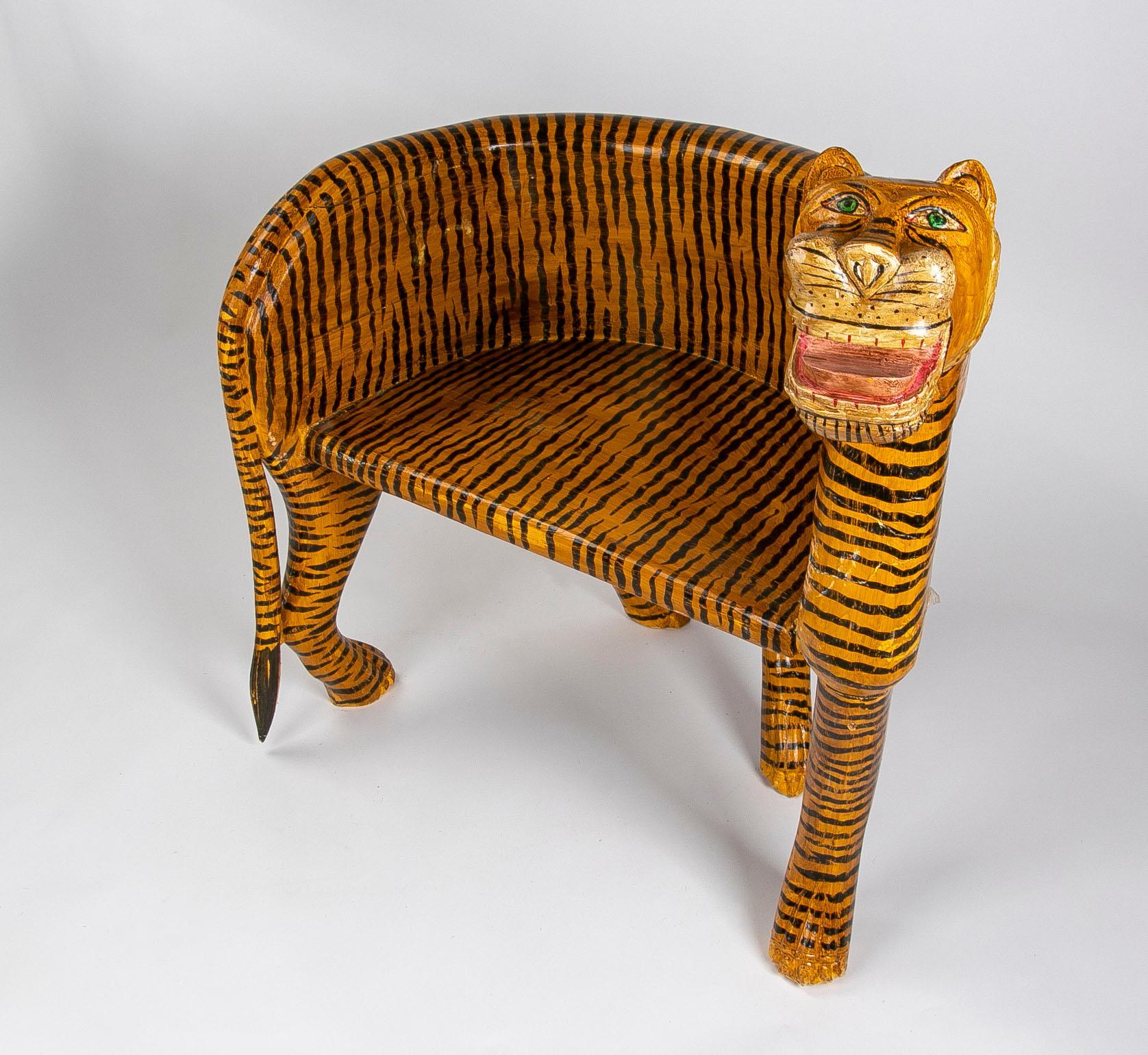 20th Century Pair of Hand-Painted Wooden Tiger Armchairs