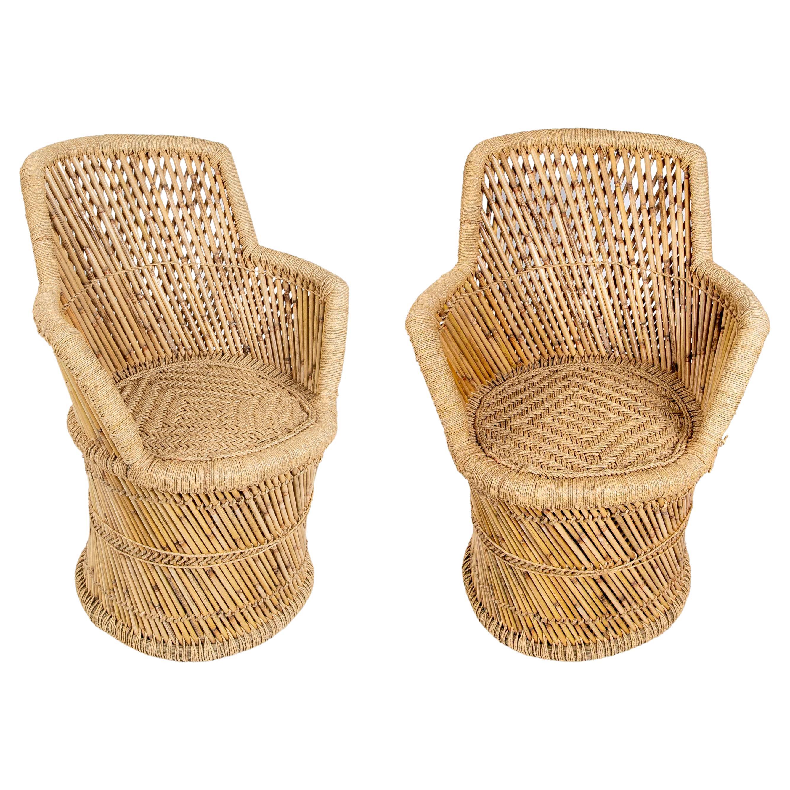 Paire de fauteuils en bambou et corde cousus main en vente