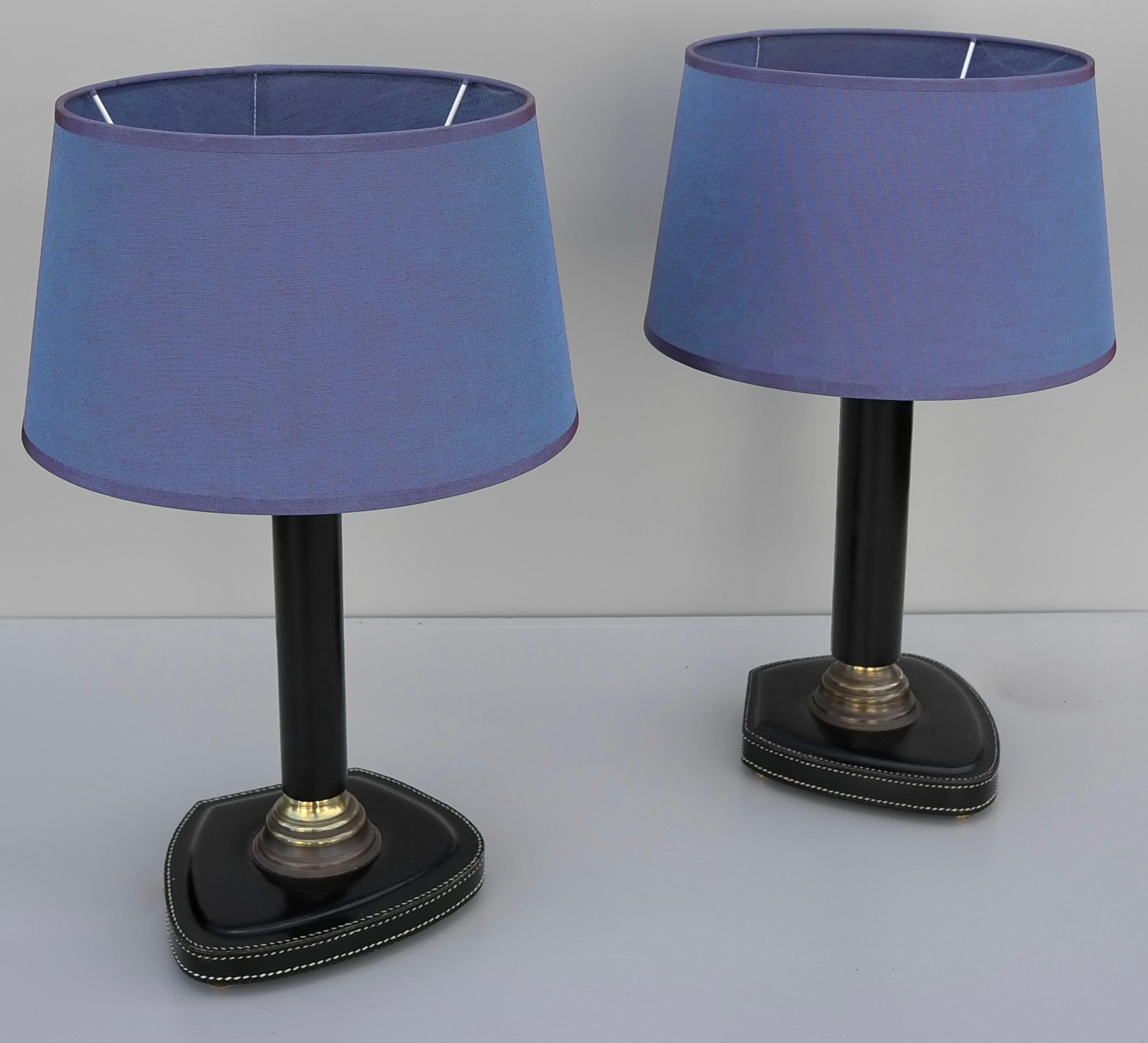 Pair of Hand-Stitched Black Leather Table Lamps, France, 1960s
