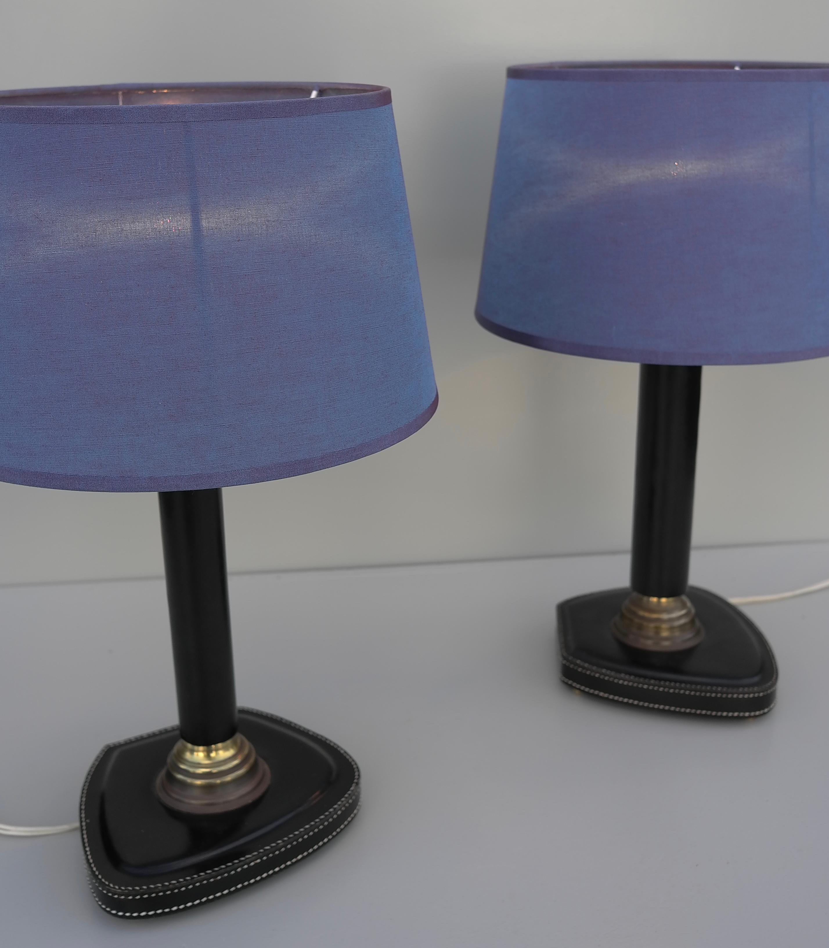 French Pair of Hand-Stitched Black Leather Table Lamps, France, 1960s For Sale