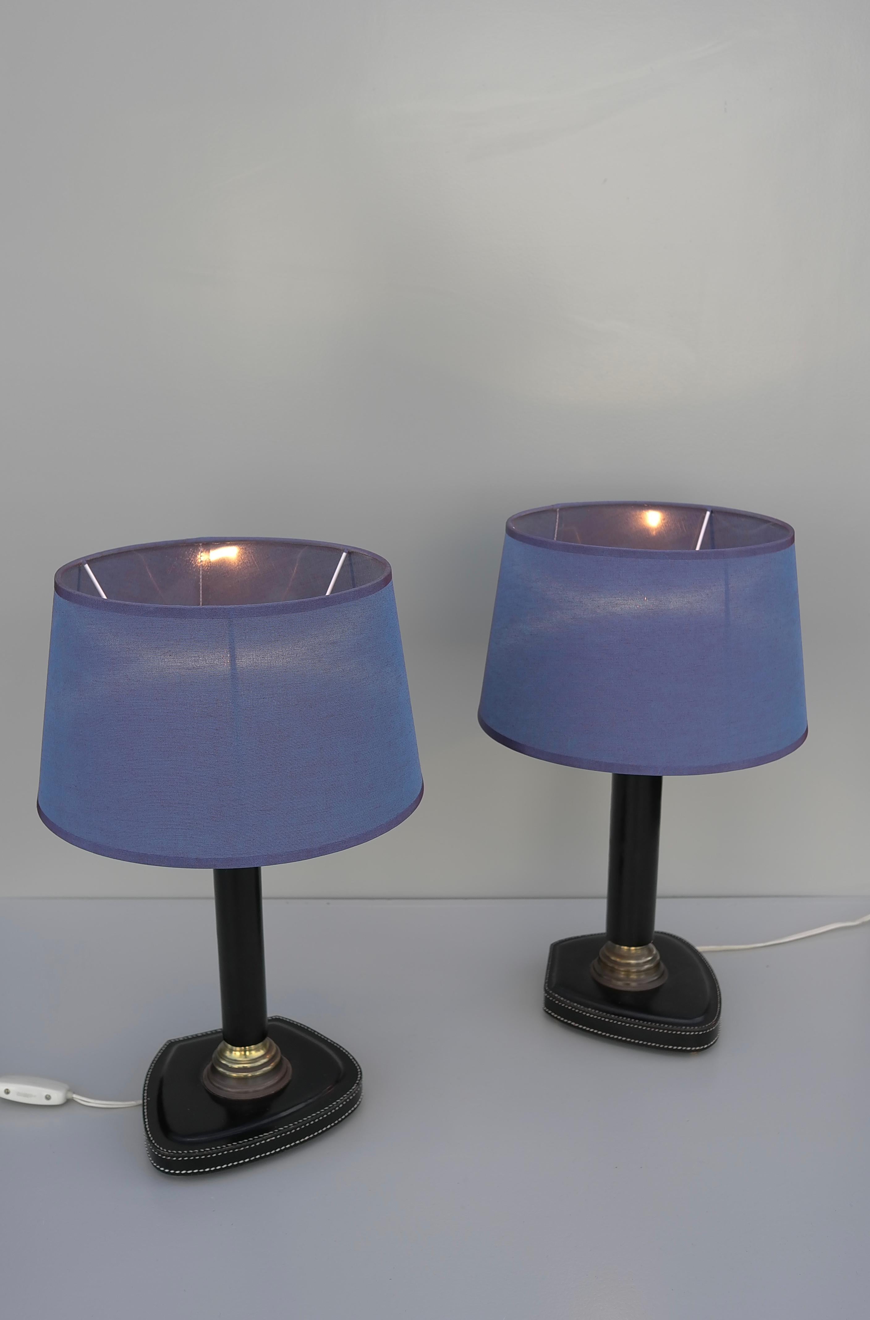 Pair of Hand-Stitched Black Leather Table Lamps, France, 1960s In Good Condition For Sale In Den Haag, NL