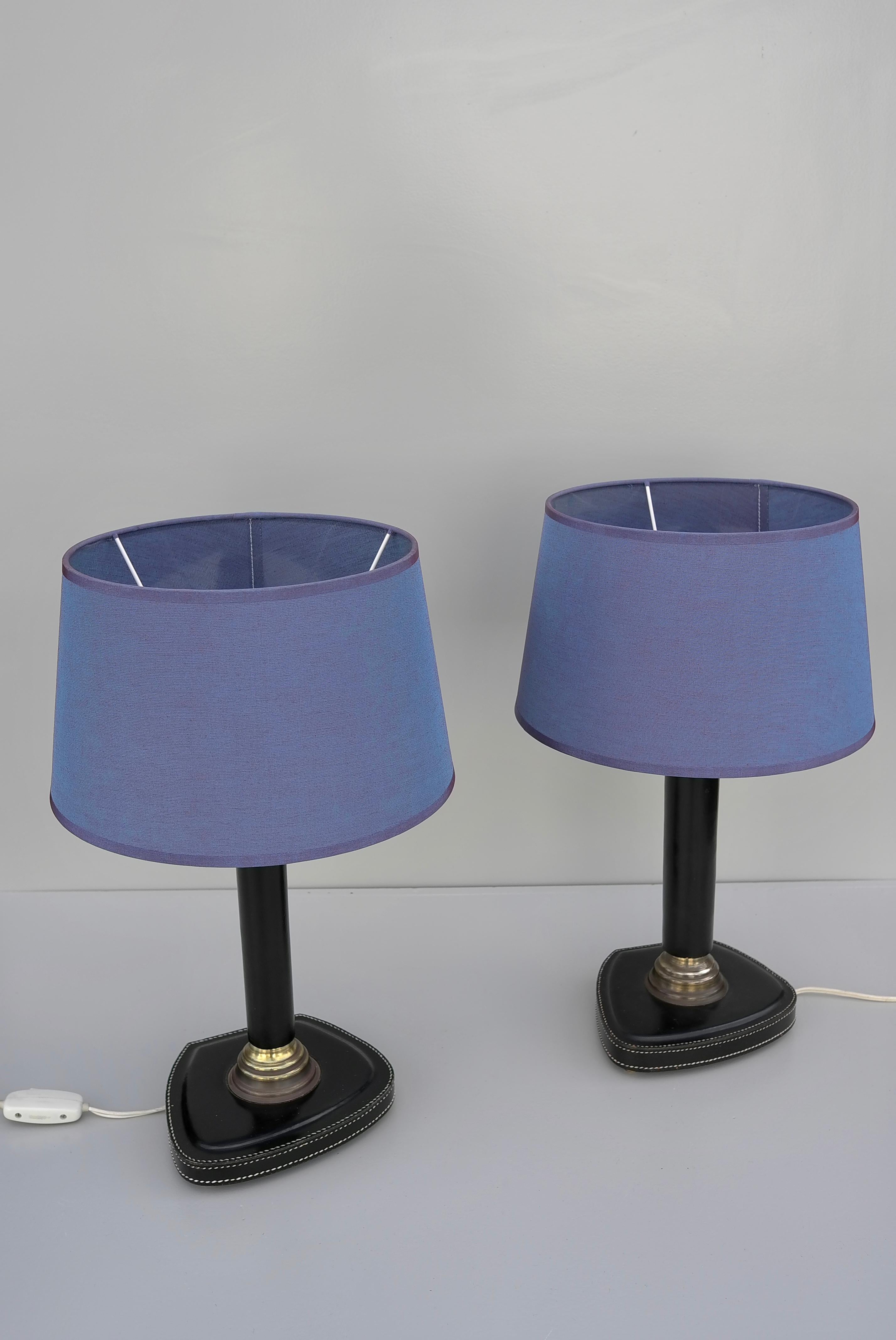 20th Century Pair of Hand-Stitched Black Leather Table Lamps, France, 1960s For Sale