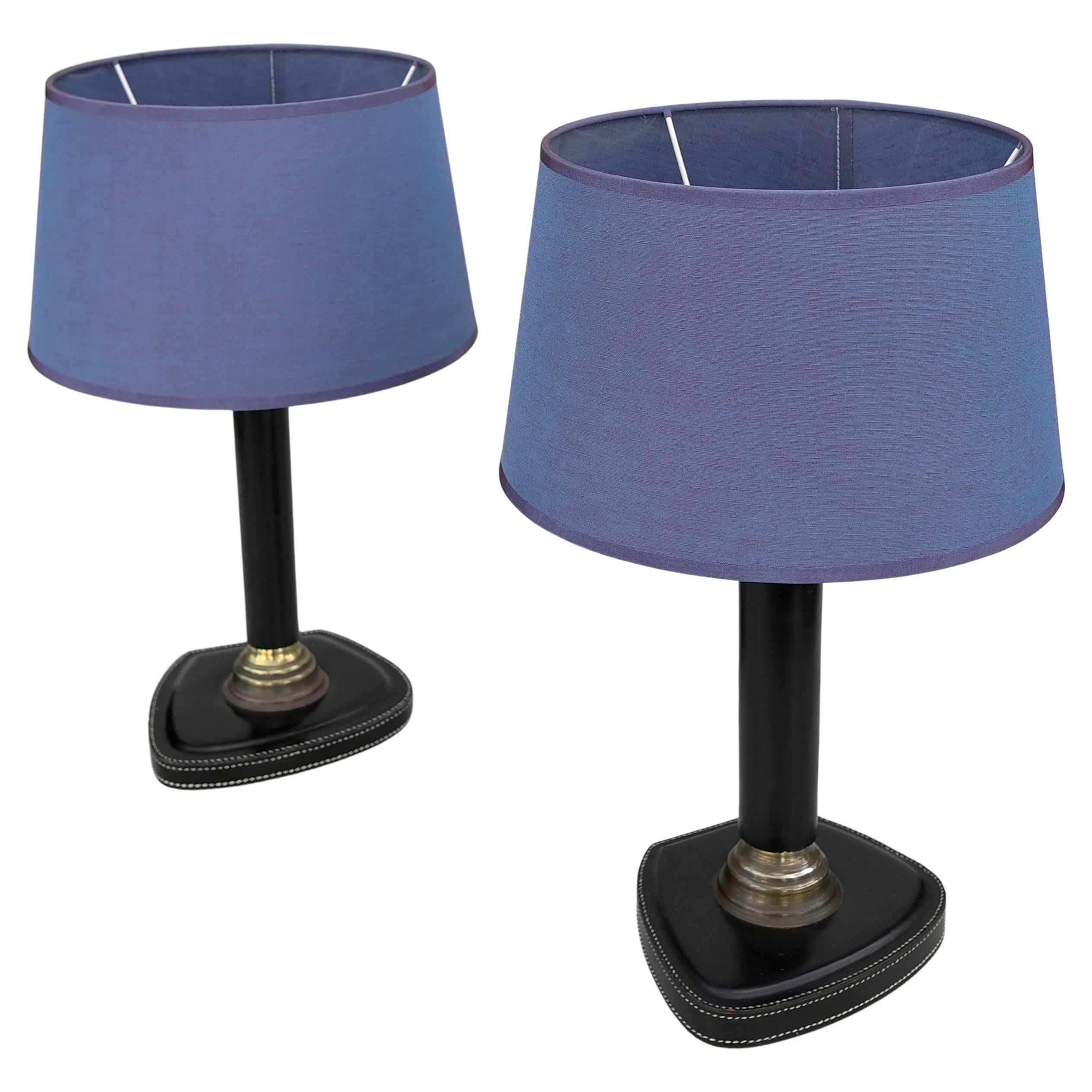 Pair of Hand-Stitched Black Leather Table Lamps, France, 1960s For Sale