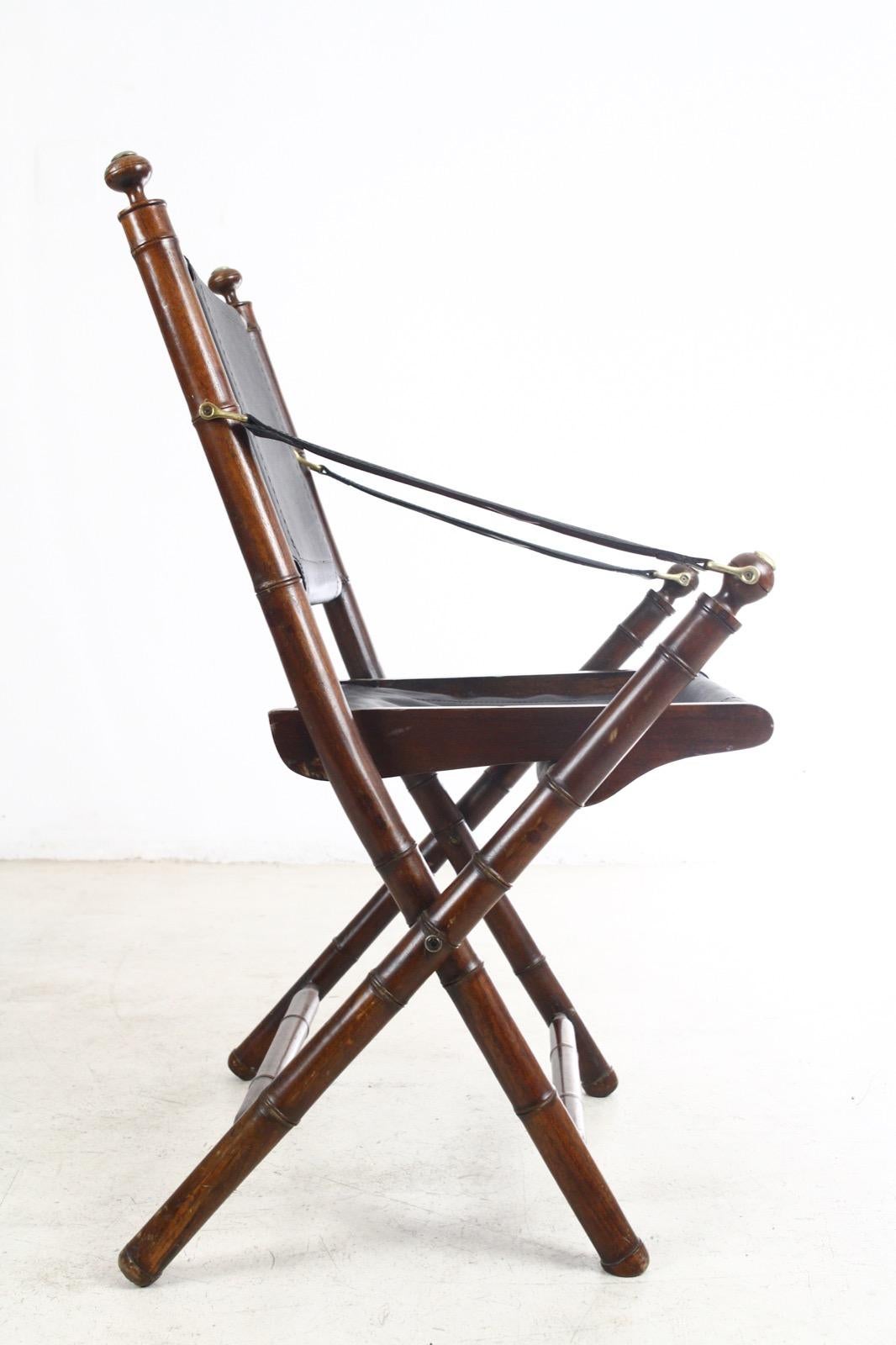 Pair of Hand-Stitched Leather and Faux-Bamboo Campaign Folding Chairs, 1920s 3