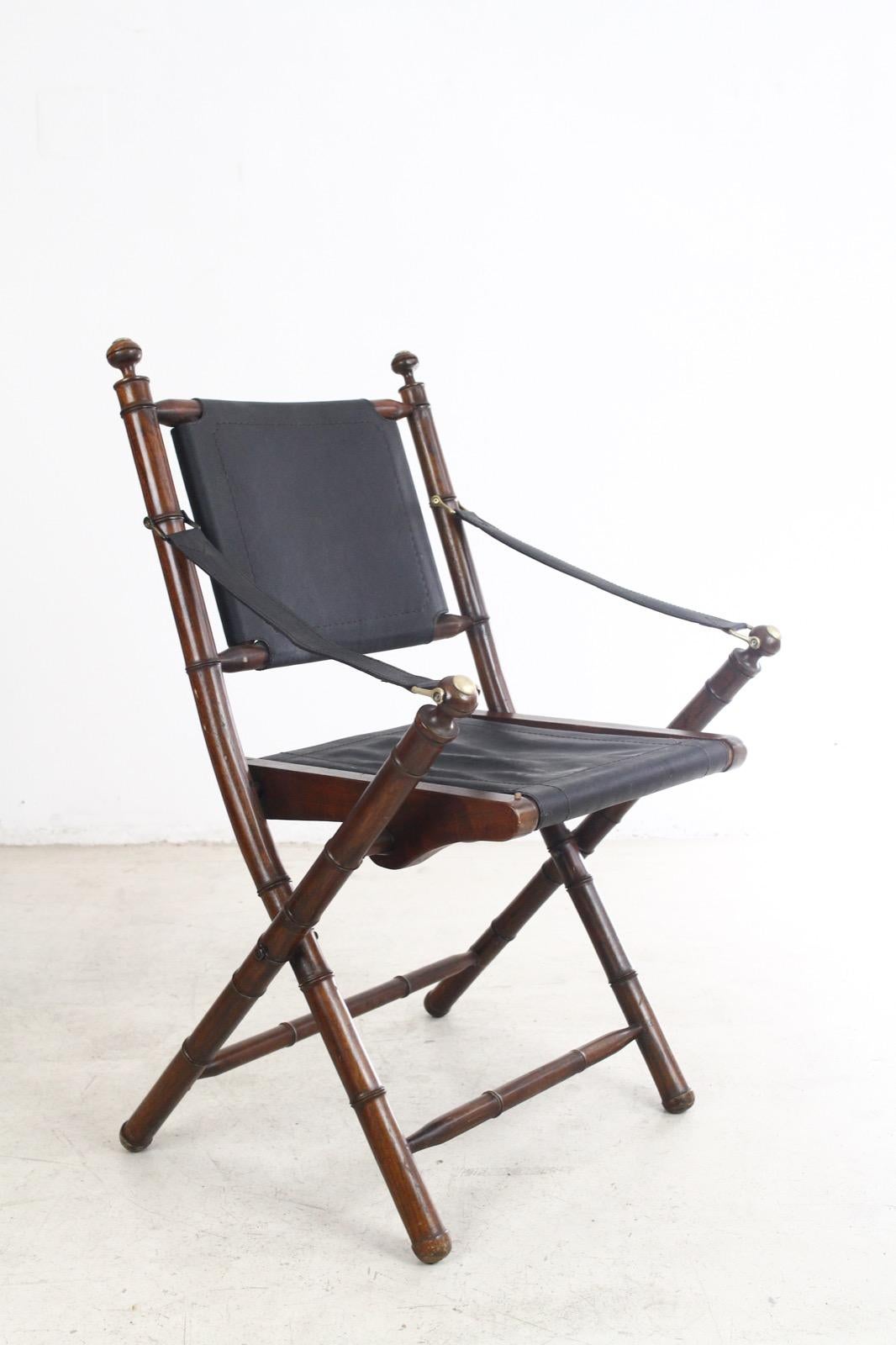 Pair of Hand-Stitched Leather and Faux-Bamboo Campaign Folding Chairs, 1920s 6