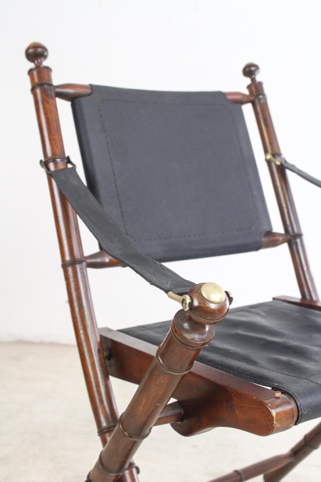 Pair of Hand-Stitched Leather and Faux-Bamboo Campaign Folding Chairs, 1920s 7