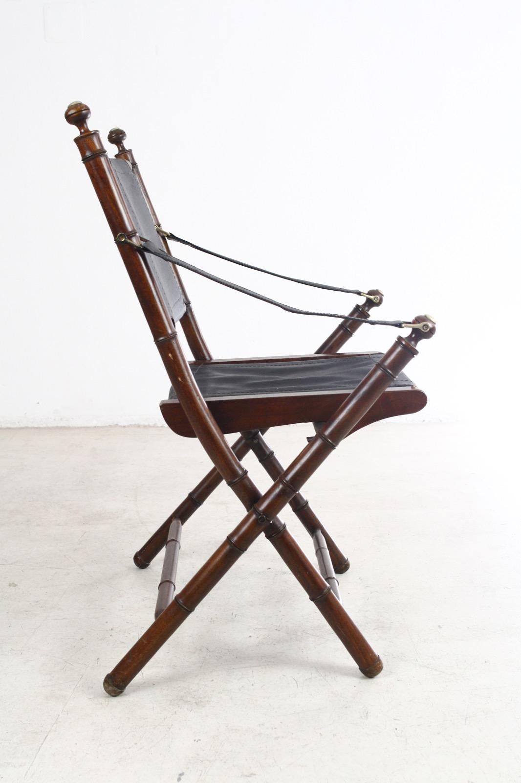 Pair of Hand-Stitched Leather and Faux-Bamboo Campaign Folding Chairs, 1920s 12