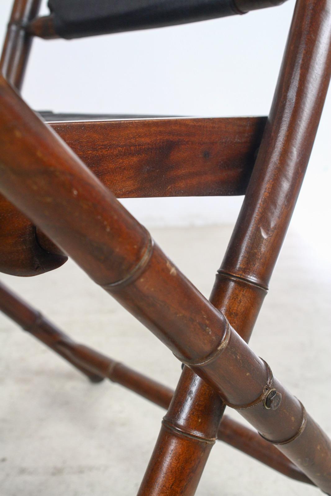 19th Century Pair of Hand-Stitched Leather and Faux-Bamboo Campaign Folding Chairs, 1920s