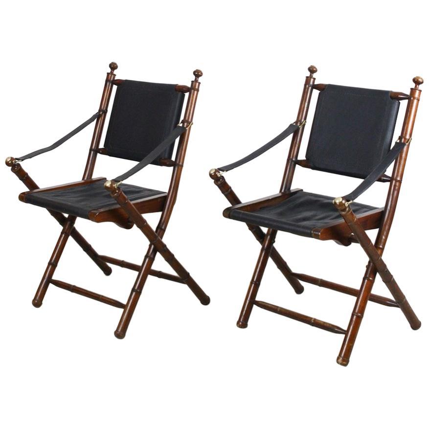 Pair of Hand-Stitched Leather and Faux-Bamboo Campaign Folding Chairs, 1920s
