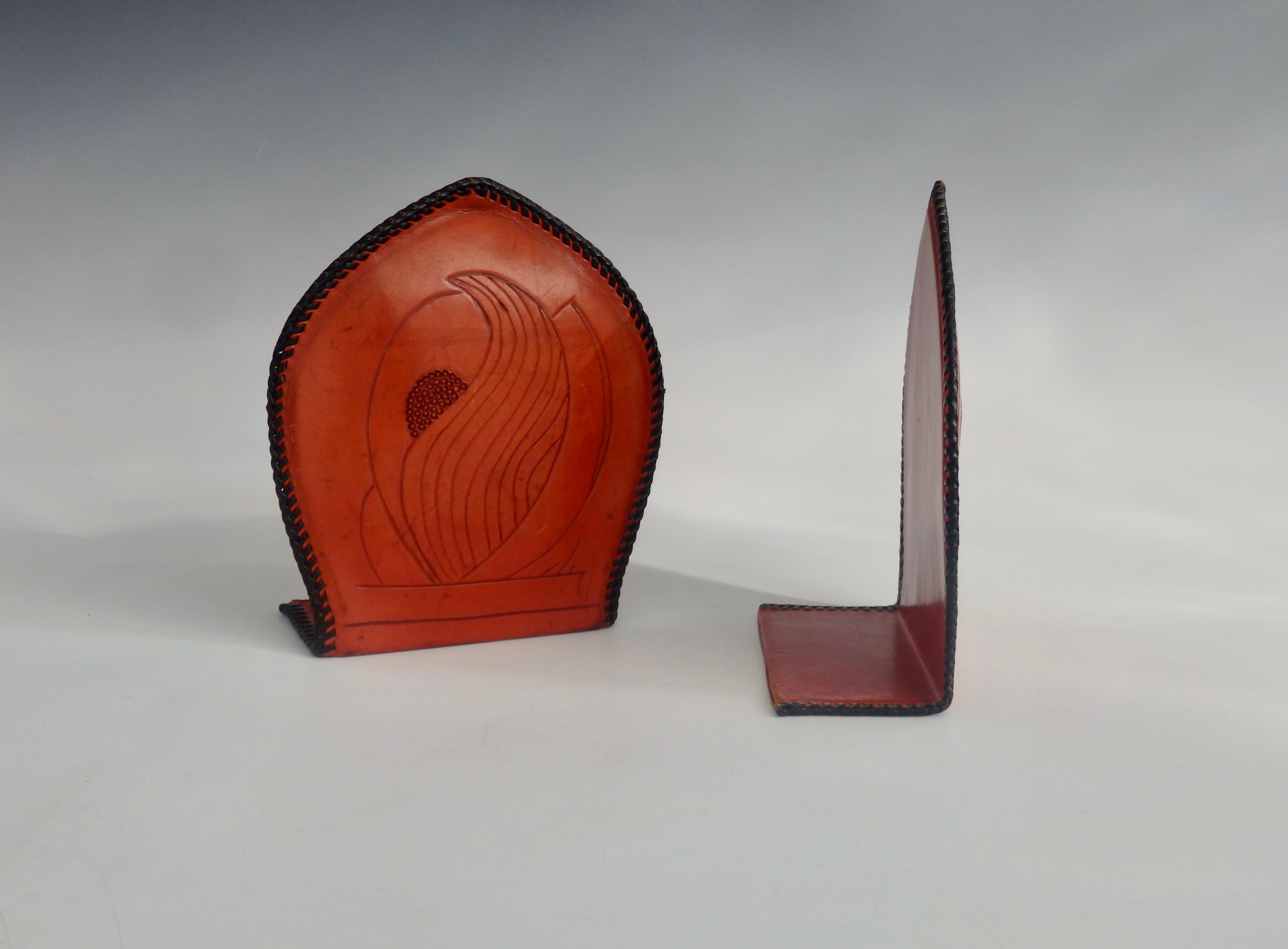 Hand-Crafted Pair of Hand Tooled Leather Book Ends with Laced Edges For Sale