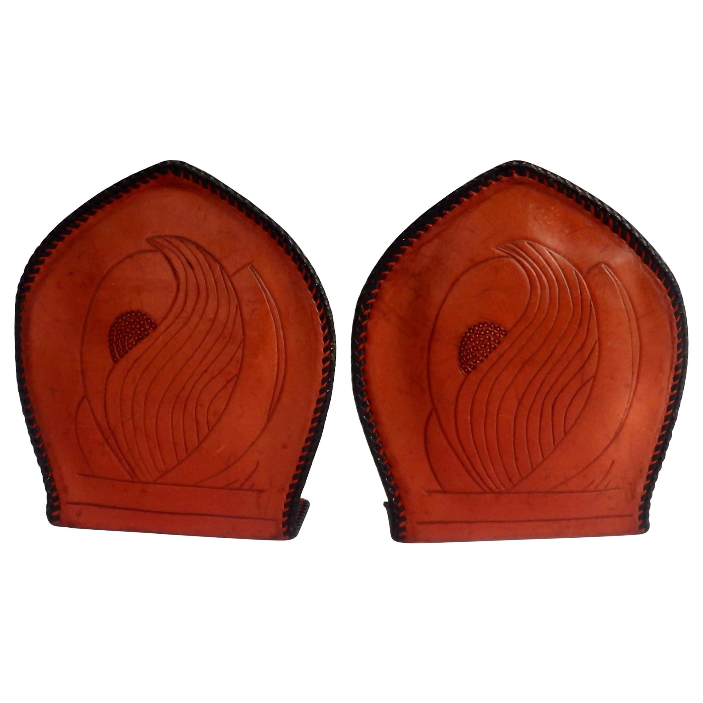 Pair of Hand Tooled Leather Book Ends with Laced Edges