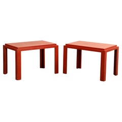Vintage Pair of Hand-Tooled Red Leather Tables with Gold Diamond Pattern Tops, c. 1960