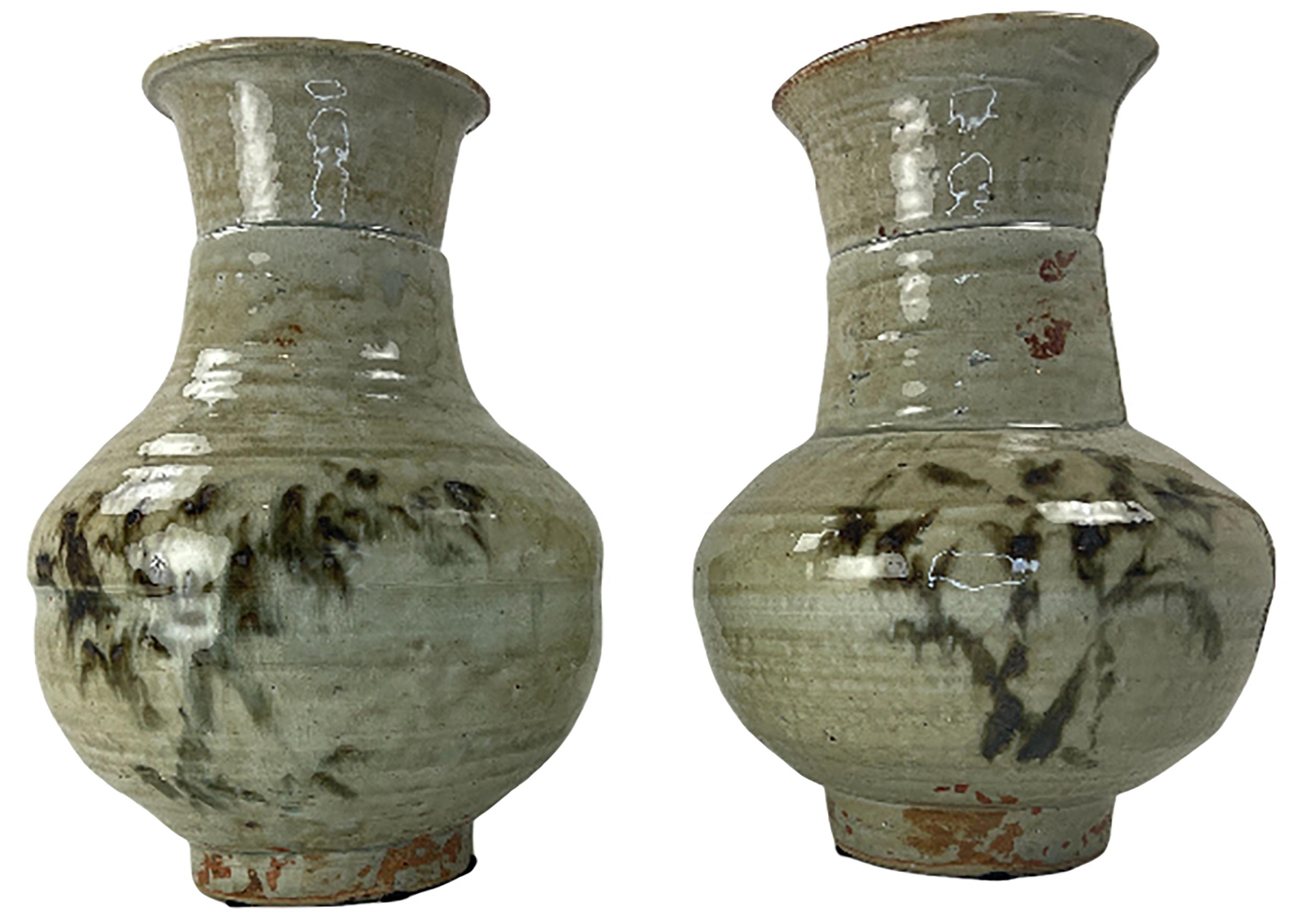 20th Century Pair of Hand Turned, Painted, and Glazed Clay Vases For Sale