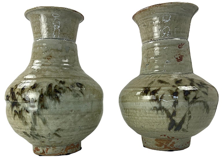 Pair of Hand Turned, Painted, and Glazed Clay Vases For Sale at 1stDibs