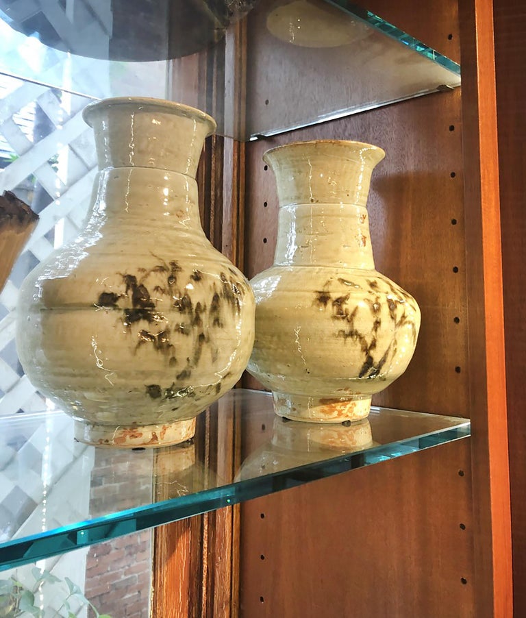 Pair of Hand Turned, Painted, and Glazed Clay Vases For Sale at 1stDibs