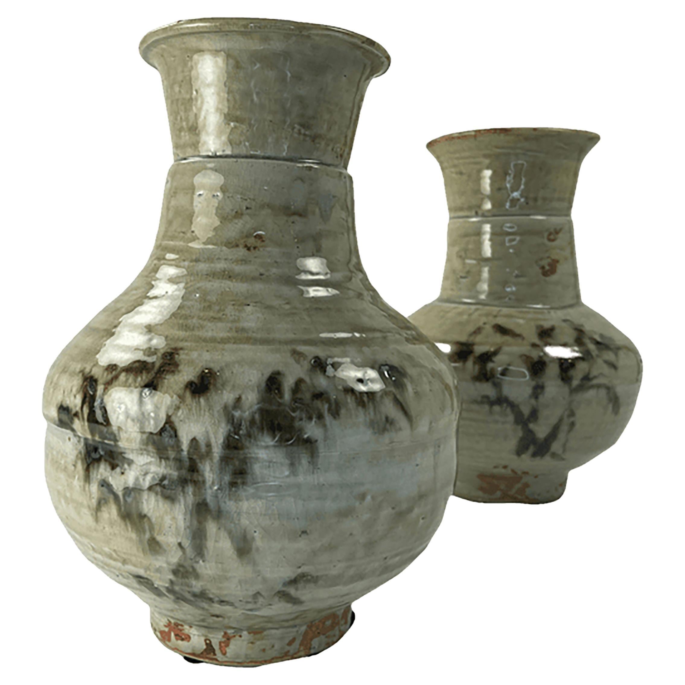 Pair of Hand Turned, Painted, and Glazed Clay Vases For Sale