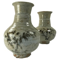 Pair of Hand Turned, Painted, and Glazed Clay Vases
