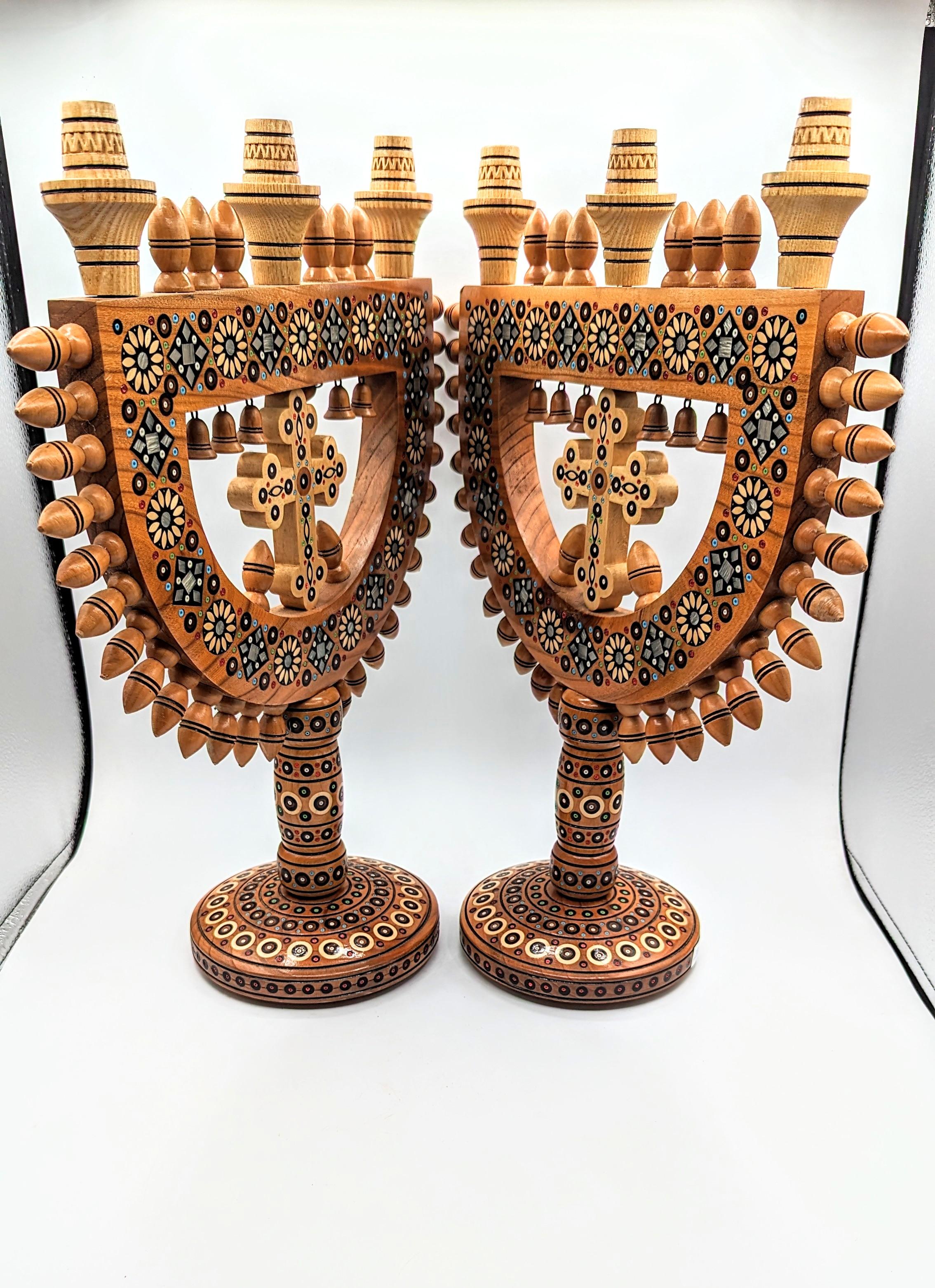 Pair of Hand Wooden Candelabras, 1970s For Sale 5