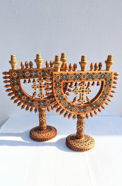 Pair of Hand Wooden Candelabras, 1970s