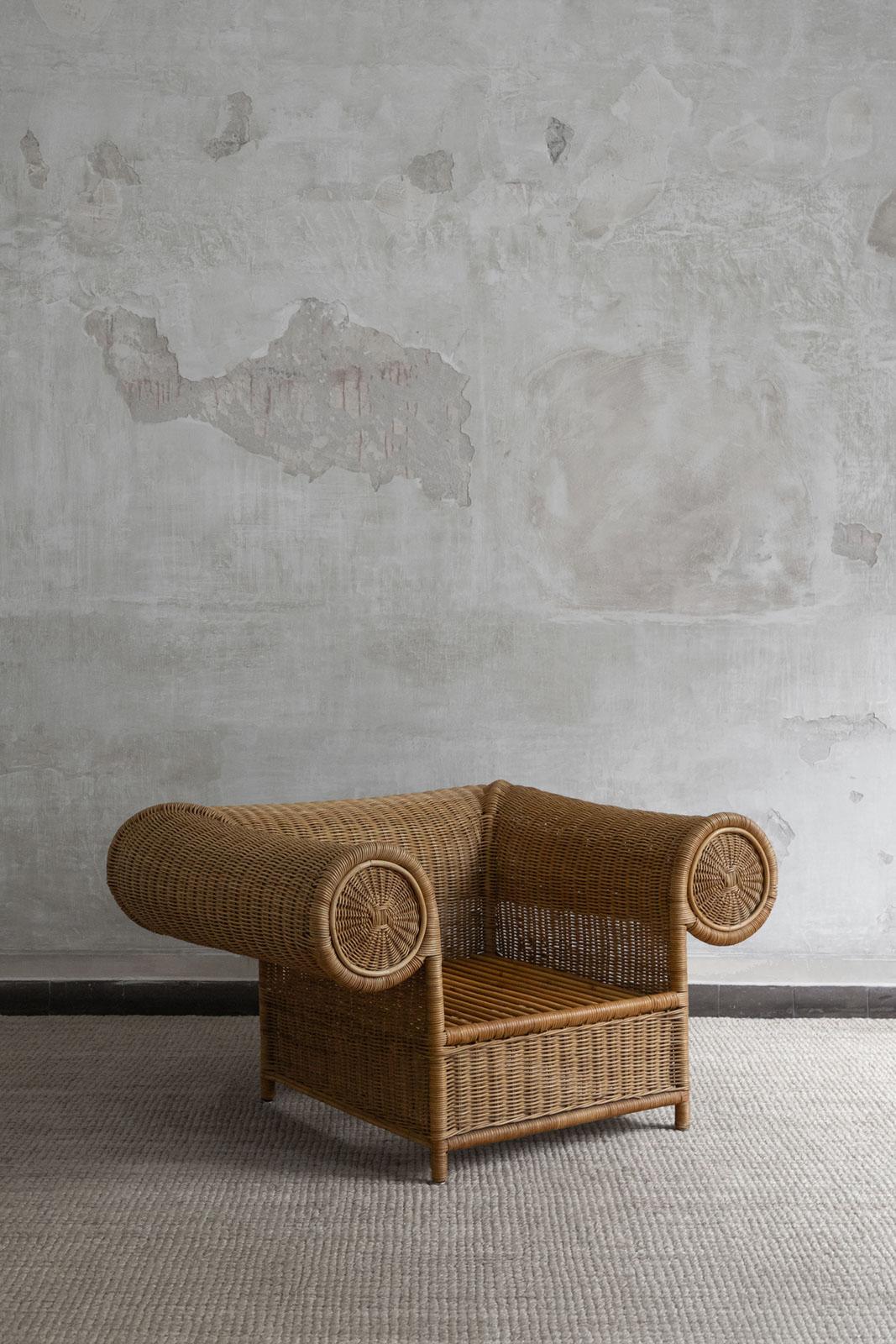 Pareja de sillones de mimbre tejidos a mano. Vivai del Sud, Italia 1970 en Bueno estado para la venta en Roma, RM
