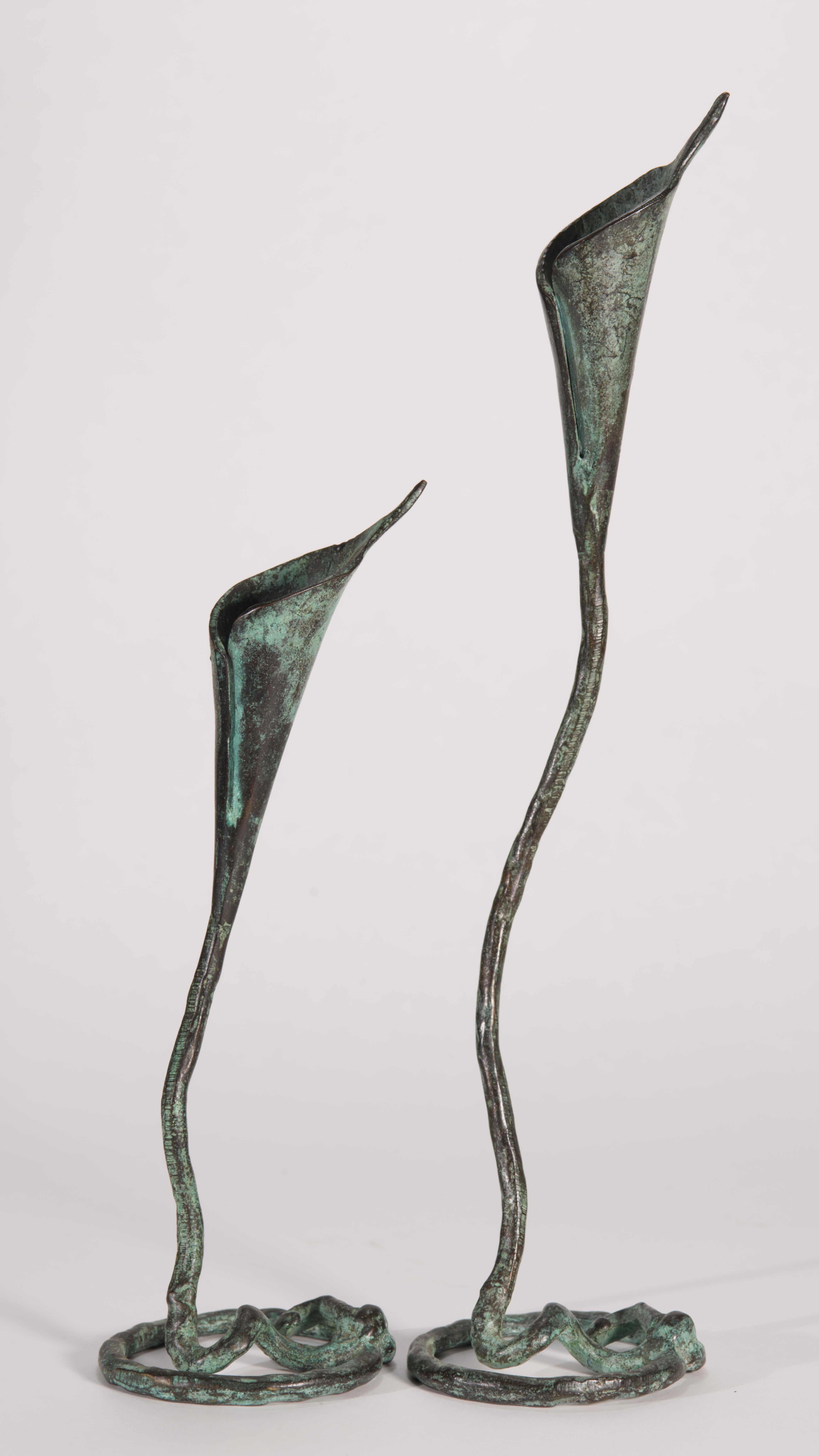 Paire de bougeoirs vintage aux formes serpentines en bronze forgé et à la finition vert-de-gris, avec des compartiments d'applique en forme de pétales soutenus par des vrilles et des tiges en forme de freestyle. 

Les pièces ne sont pas signées ;